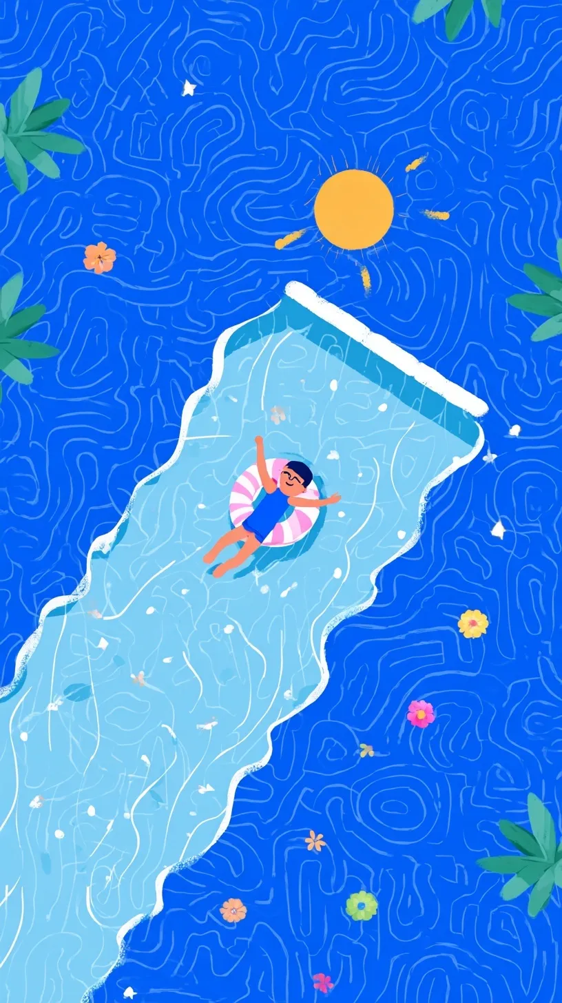 A person swimming in a sparkling blue pool, bright cartoon summer style mobile wallpaper.