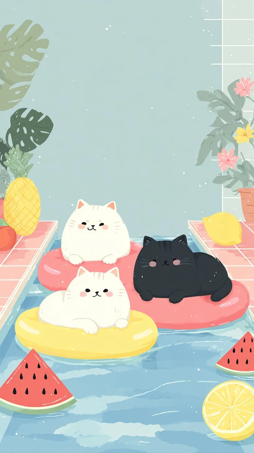 Cute anime-style black and white cats floating on pool rings with pastel fruits and flowers.