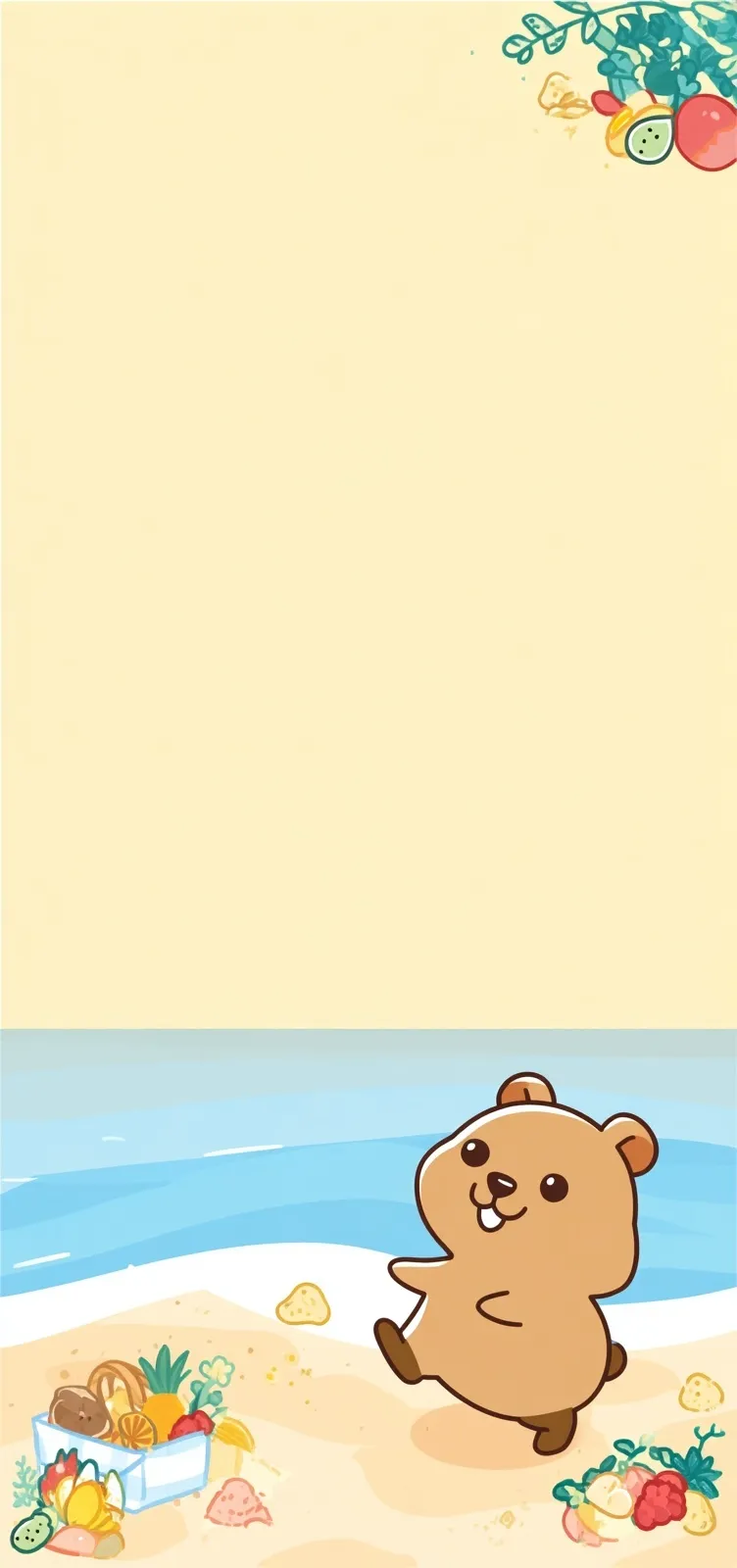 A cute quokka hopping on a beach with fruit and flowers, featuring copy space for a summer mobile wallpaper.