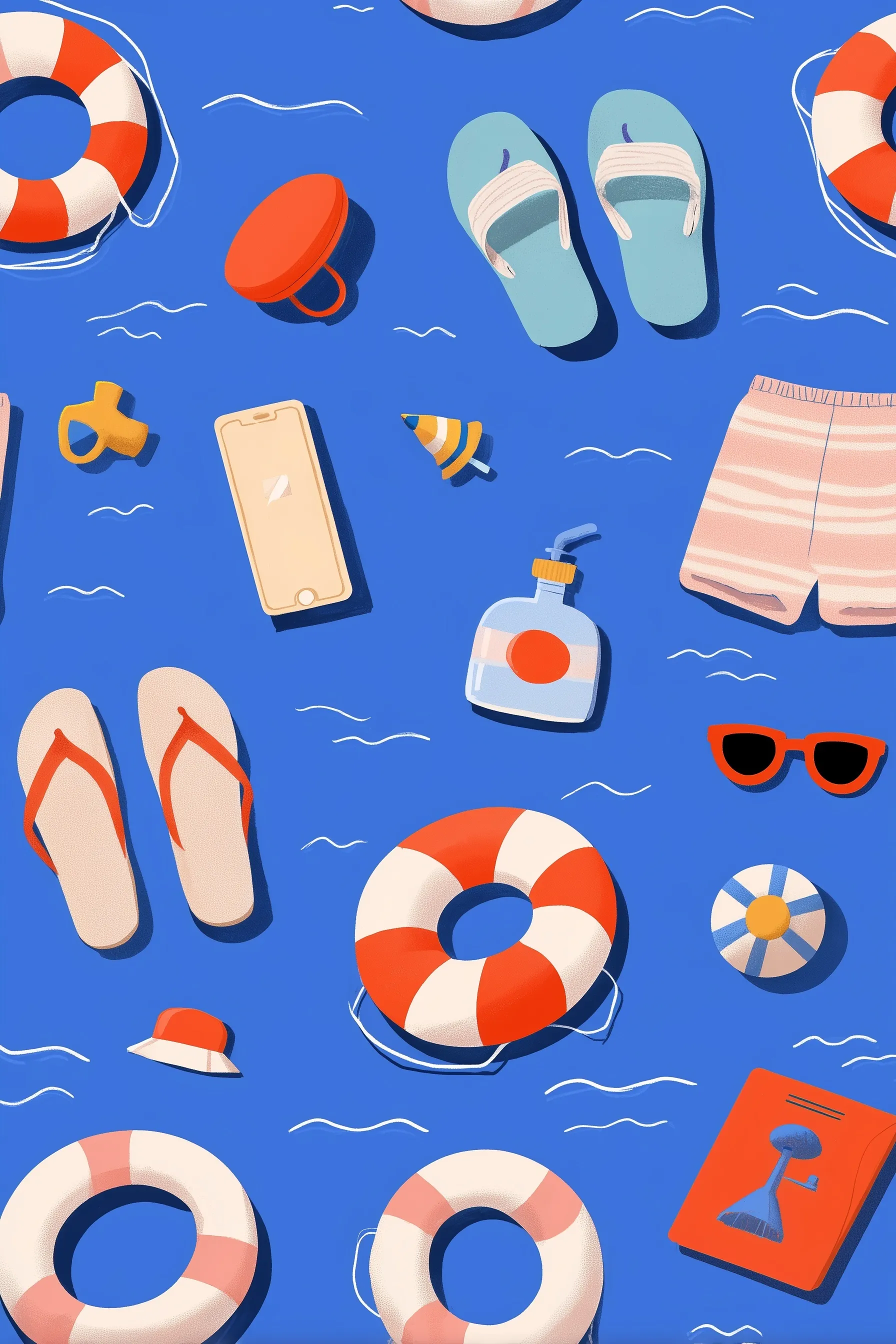 A cute flat vector pattern featuring swimming-themed icons for a summer mobile wallpaper.
