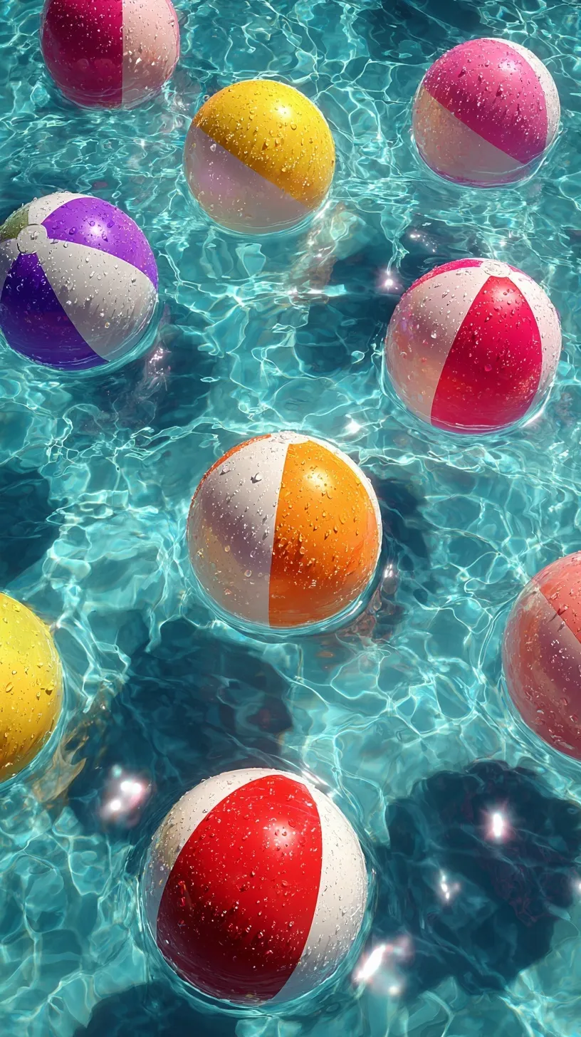 Colorful beach balls floating on clear turquoise pool water under bright summer sunlight, top-down view.