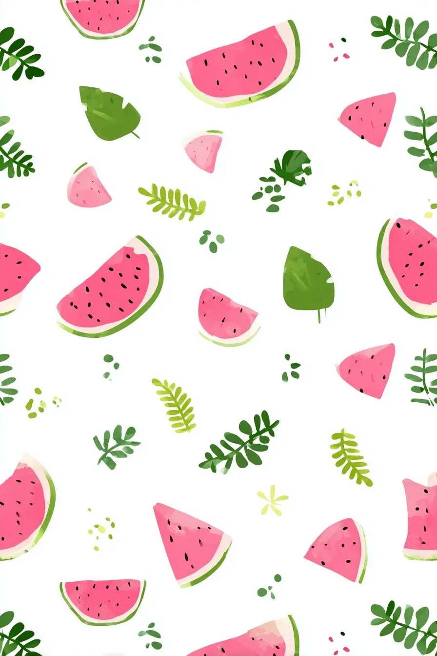 A cute summer mobile wallpaper featuring a minimalist watermelon pattern in pastel pink and green on white.
