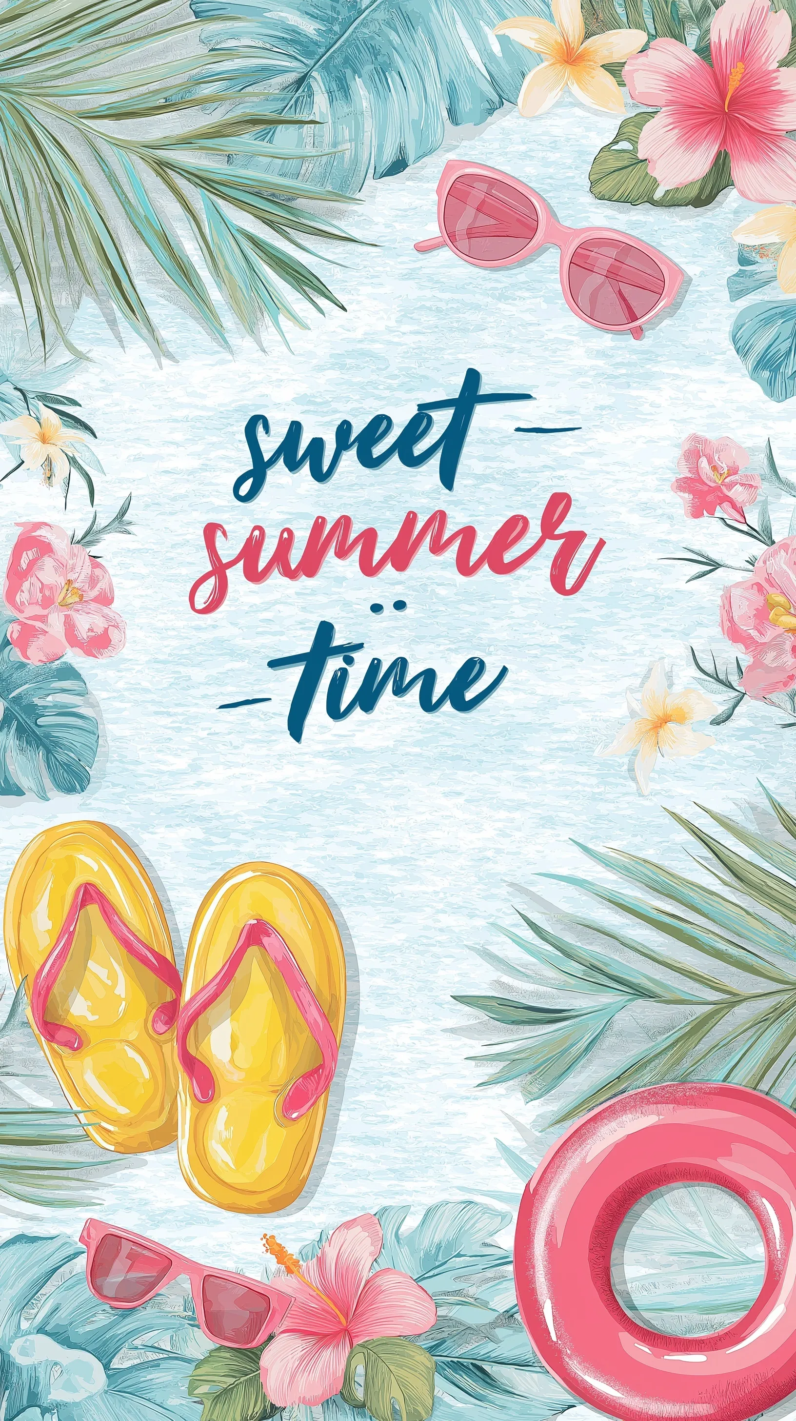 Cute summer mobile wallpaper with tropical beach scene, colorful pool floats, and Sweet Summer Time cursive text.