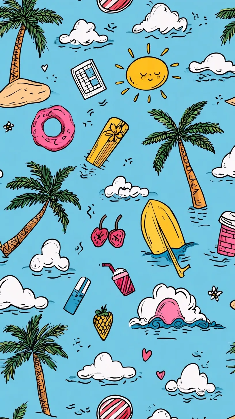 Cute tropical island pattern clipart in a flat sticker style with black outlines, perfect for summer mobile wallpapers.