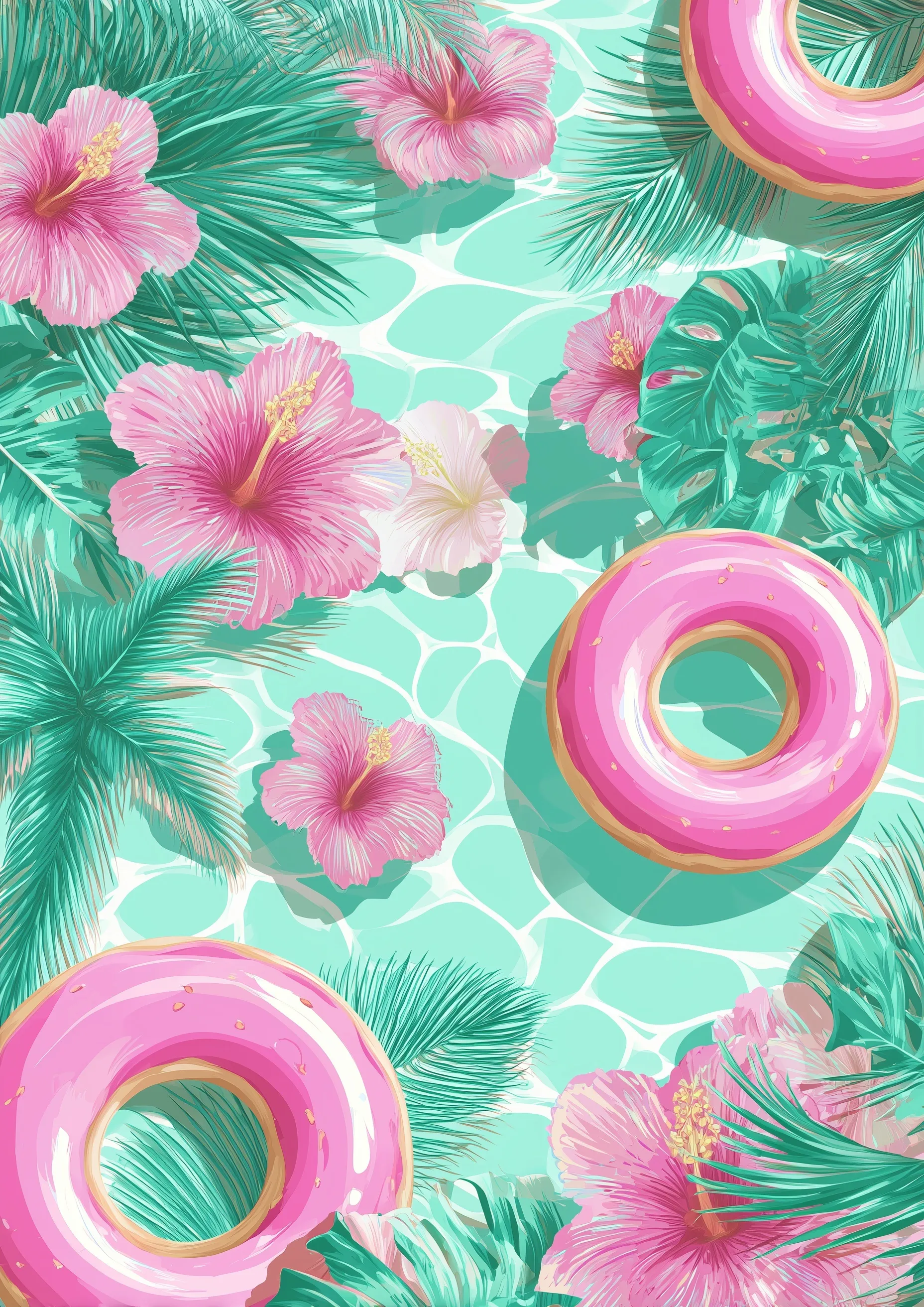 Retro tropical pool party illustration with donut floats, palm leaves, and flowers on a white background.