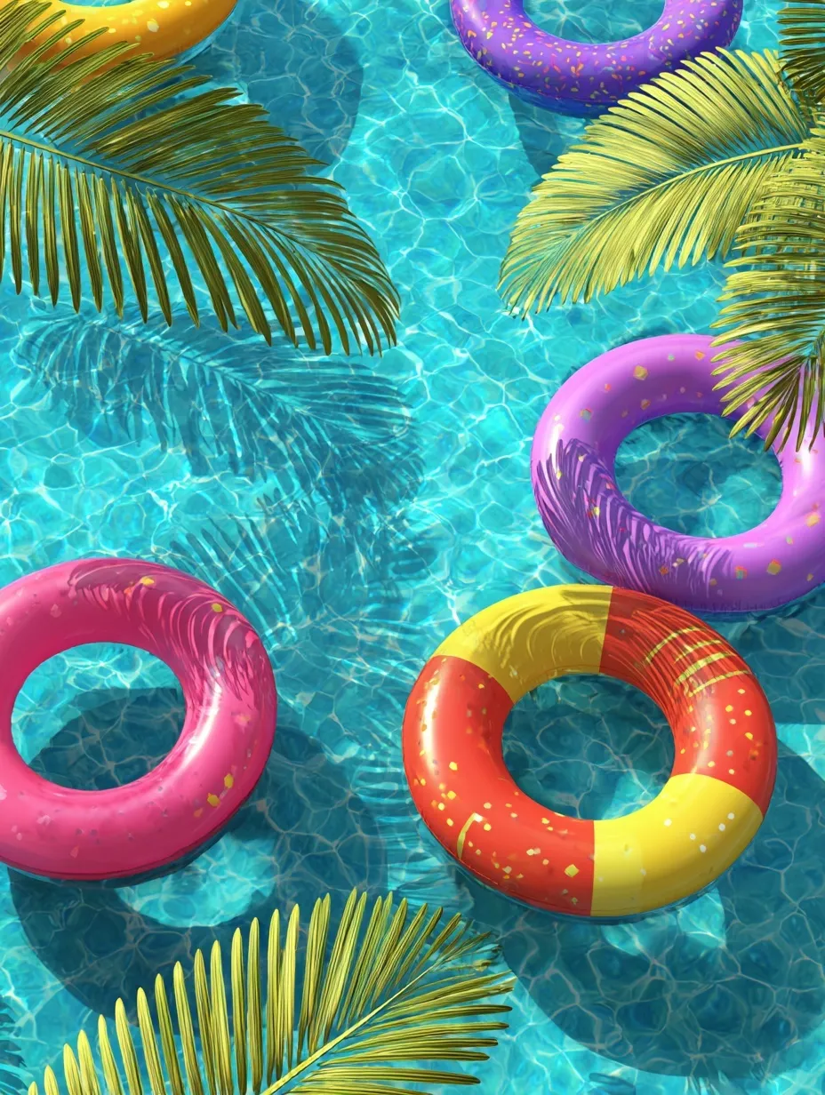 Colorful inflatable pool rings in a sunny swimming pool with palm leaf shadows, perfect for mobile wallpaper.