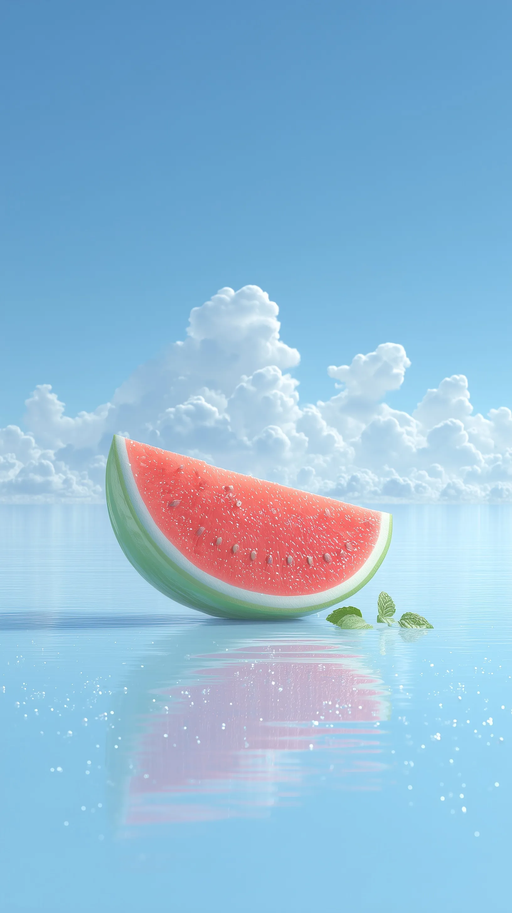 A 3D rendered slice of watermelon floating on clear blue water under a bright summer sky, surreal aesthetic.