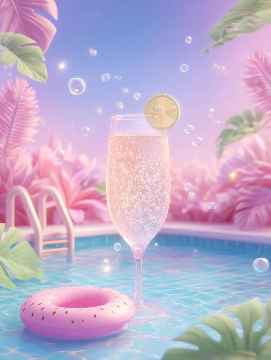 A whimsical summer mobile wallpaper featuring a champagne glass with a watermelon pool float and palm leaf background.
