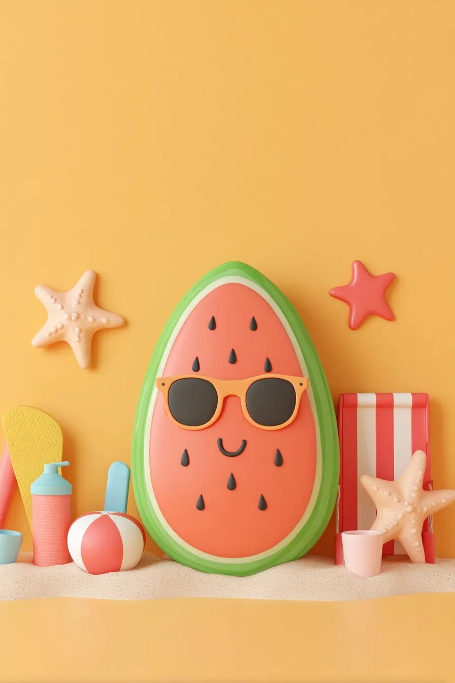 Cartoon watermelon with sunglasses and beach toys on an orange background, perfect for summer mobile wallpaper.