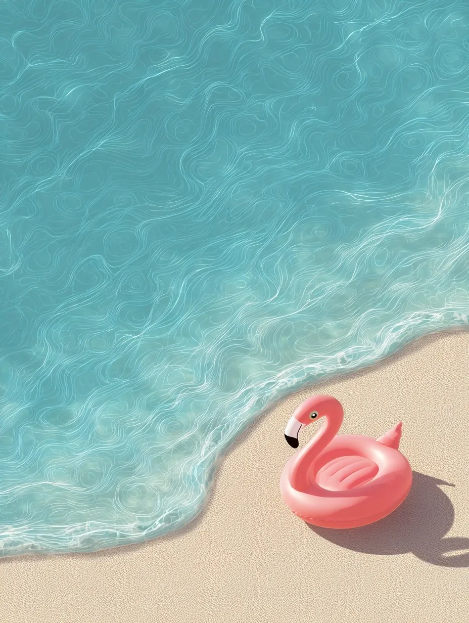 A cute pink flamingo pool float in turquoise water on a sunny beach, viewed from above.