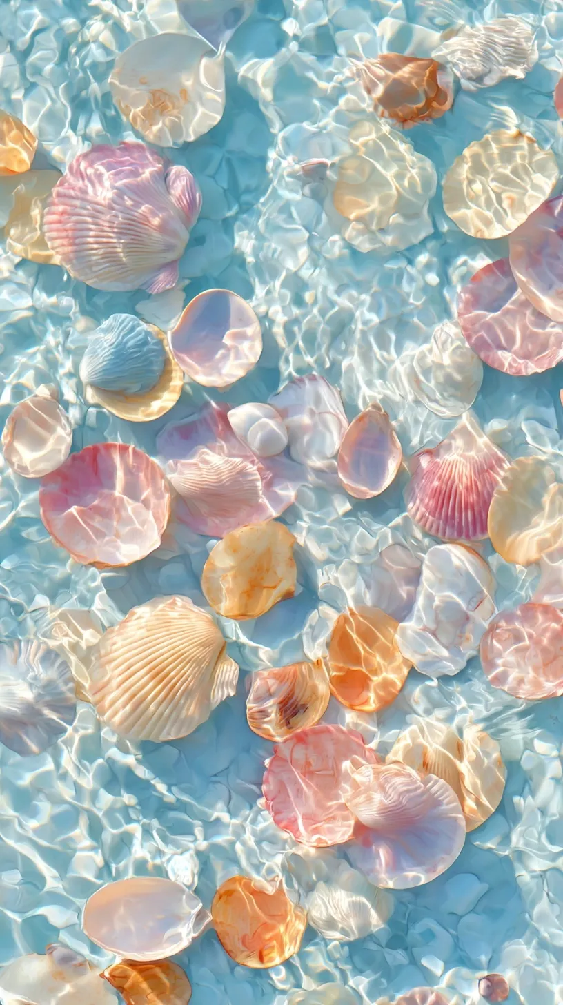 Colorful seashells floating on clear water with sunlight ripples, dreamy Monet-style summer mobile wallpaper.
