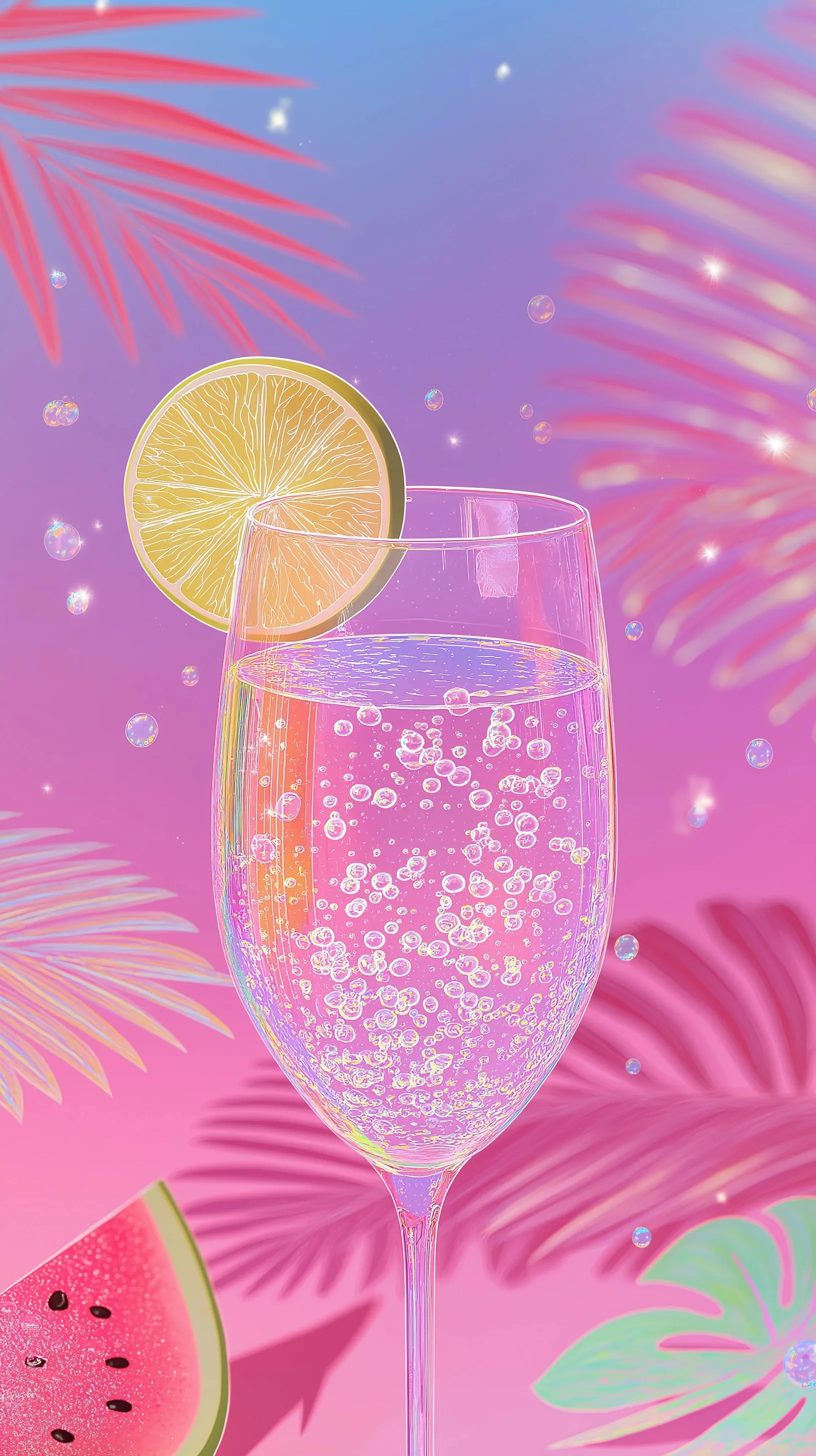 A whimsical hand-drawn mobile wallpaper featuring a cocktail glass with a watermelon pool float and palm leaves.