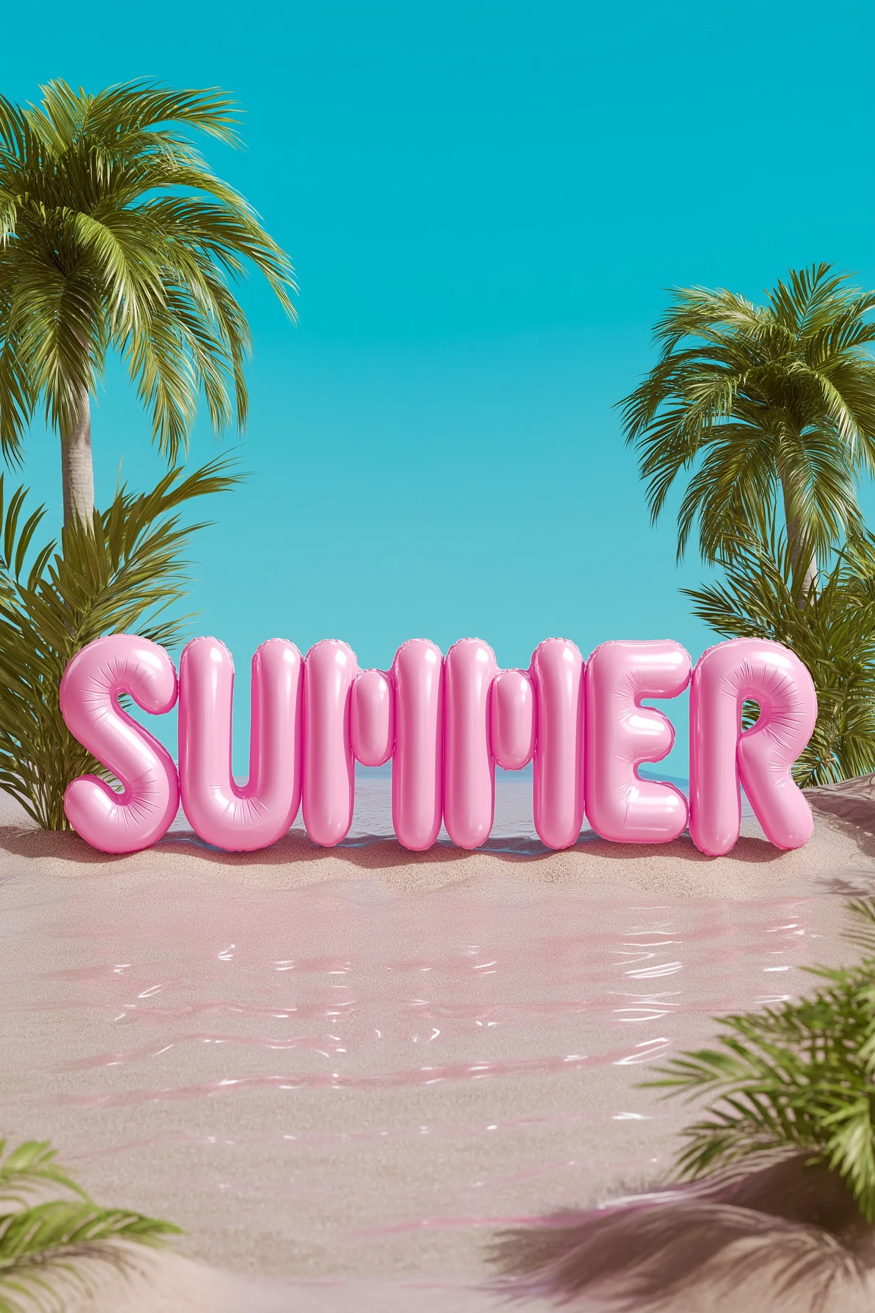 Pink inflatable SUMMER balloon letters on a tropical background, perfect for a cute summer mobile wallpaper.