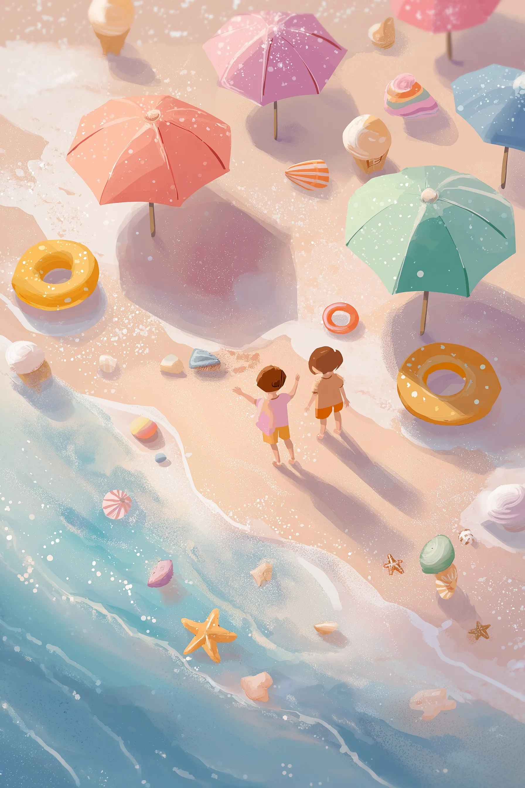 Cute summer vacation wallpaper featuring children playing on a beach with colorful umbrellas and ice cream.