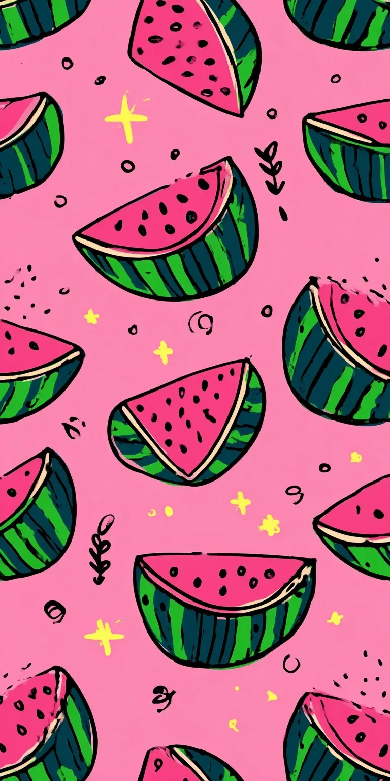 A cute, hand-drawn watermelon pattern mobile wallpaper with pink background, vibrant cartoon style, and simple lines.