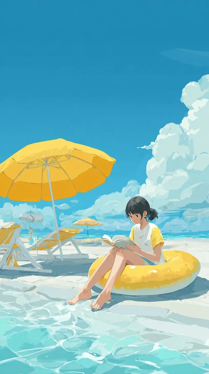 Anime-style girl reading on an inflatable ring in the sea at a sunny beach, Ghibli-inspired summer mobile wallpaper.