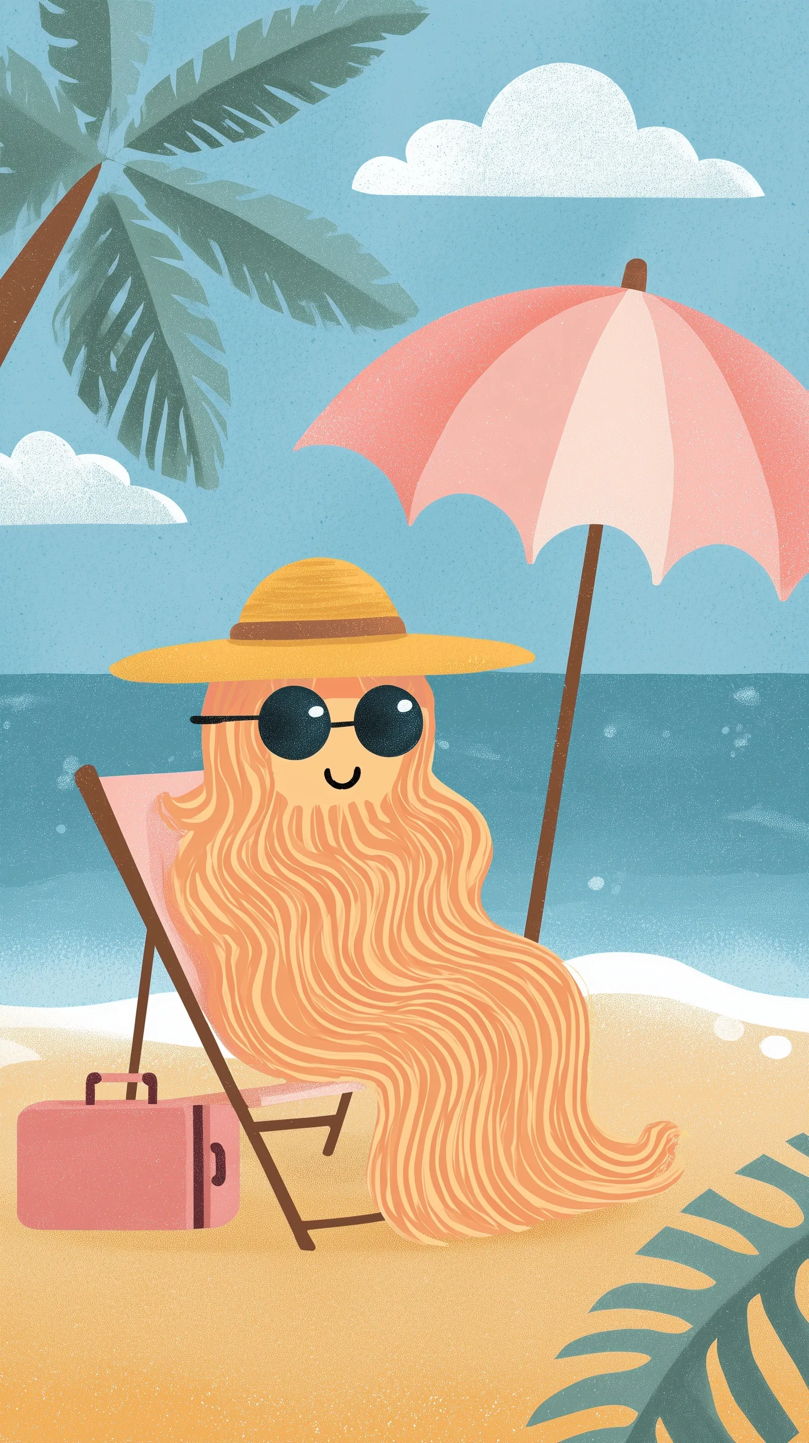 A cute cartoon hair strand wearing sunglasses and a straw hat relaxing on a beach chair, tropical summer background.