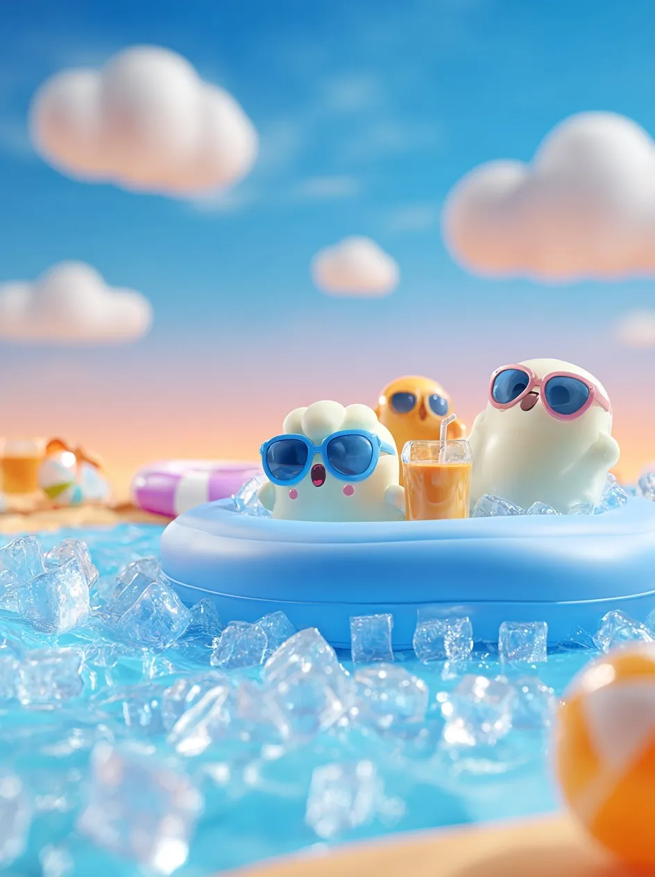 Cute 3D summer mobile wallpaper featuring an inflatable pool with beach toys, bubbles, and cartoon characters.