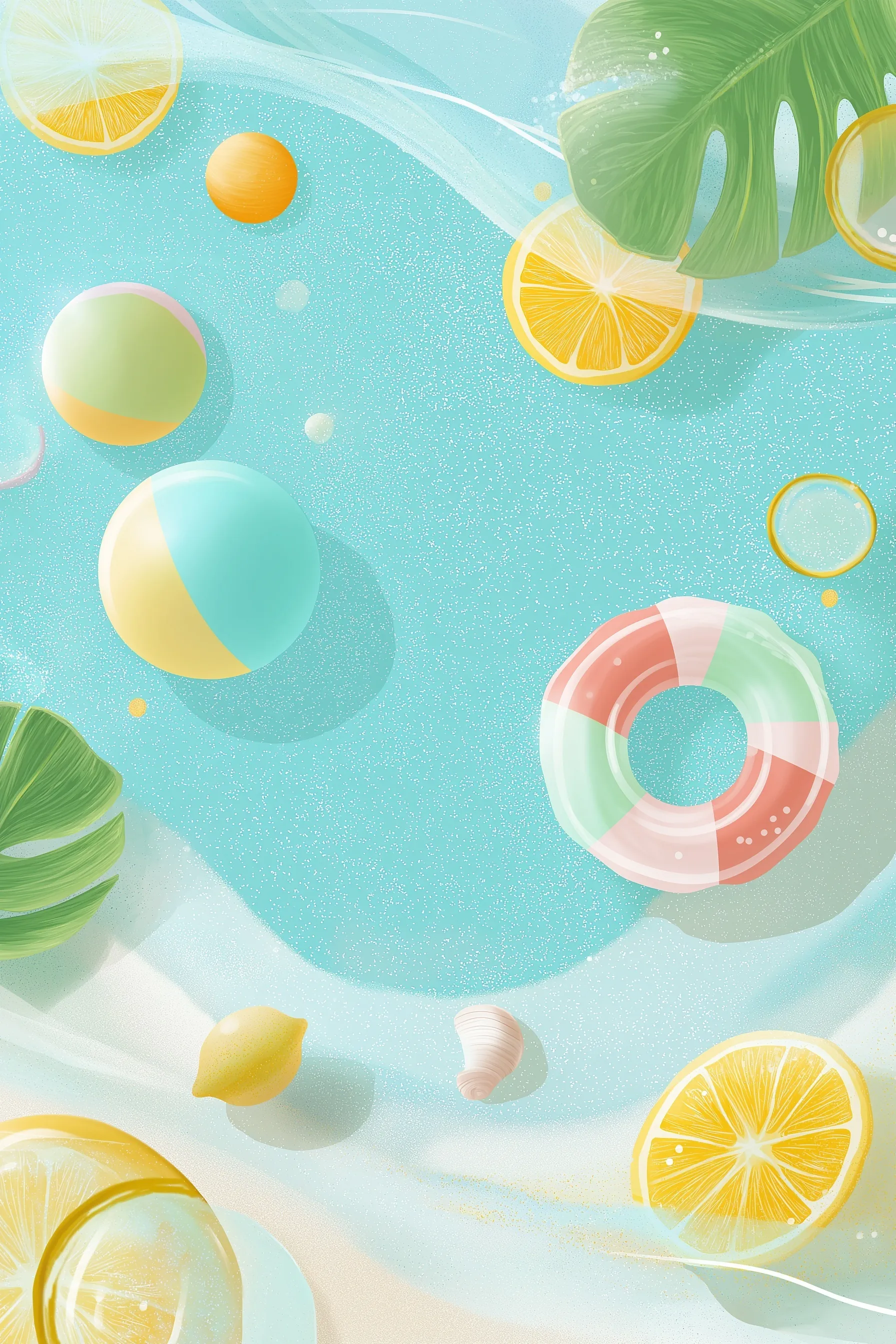 A cute summer mobile wallpaper featuring beach balls, citrus slices, popsicles, and tropical leaves on sandy waves.