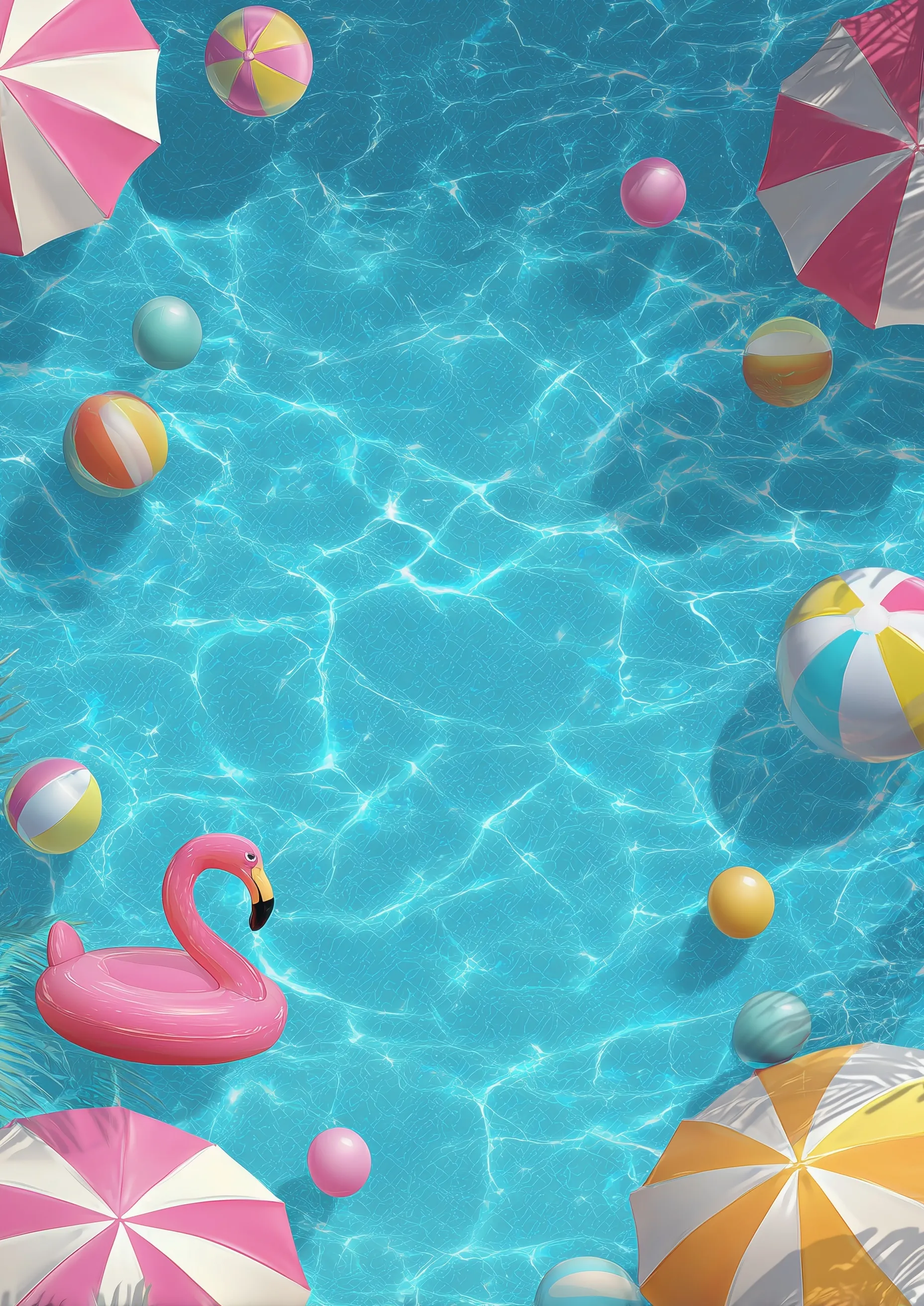 Top-down view of a turquoise pool with a pink flamingo float, beach balls, and umbrellas for a summer party.