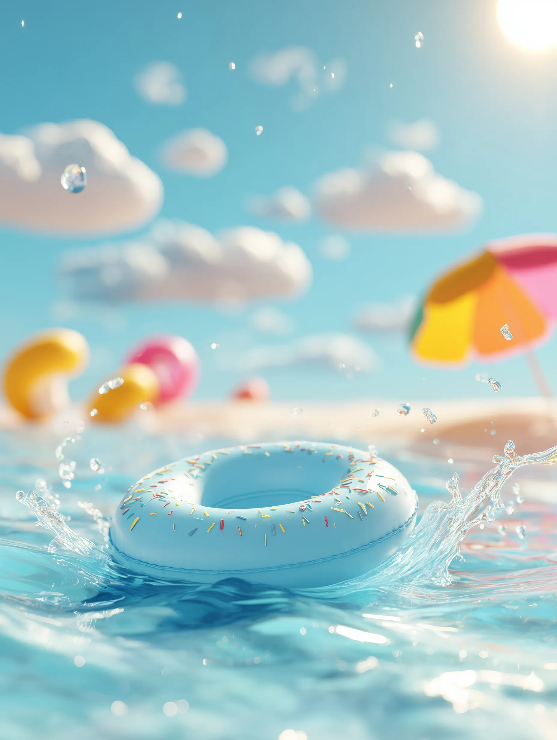 A 3D summer ocean scene with a beach float, parasol, and ripples against a clear blue sky, mobile wallpaper style.