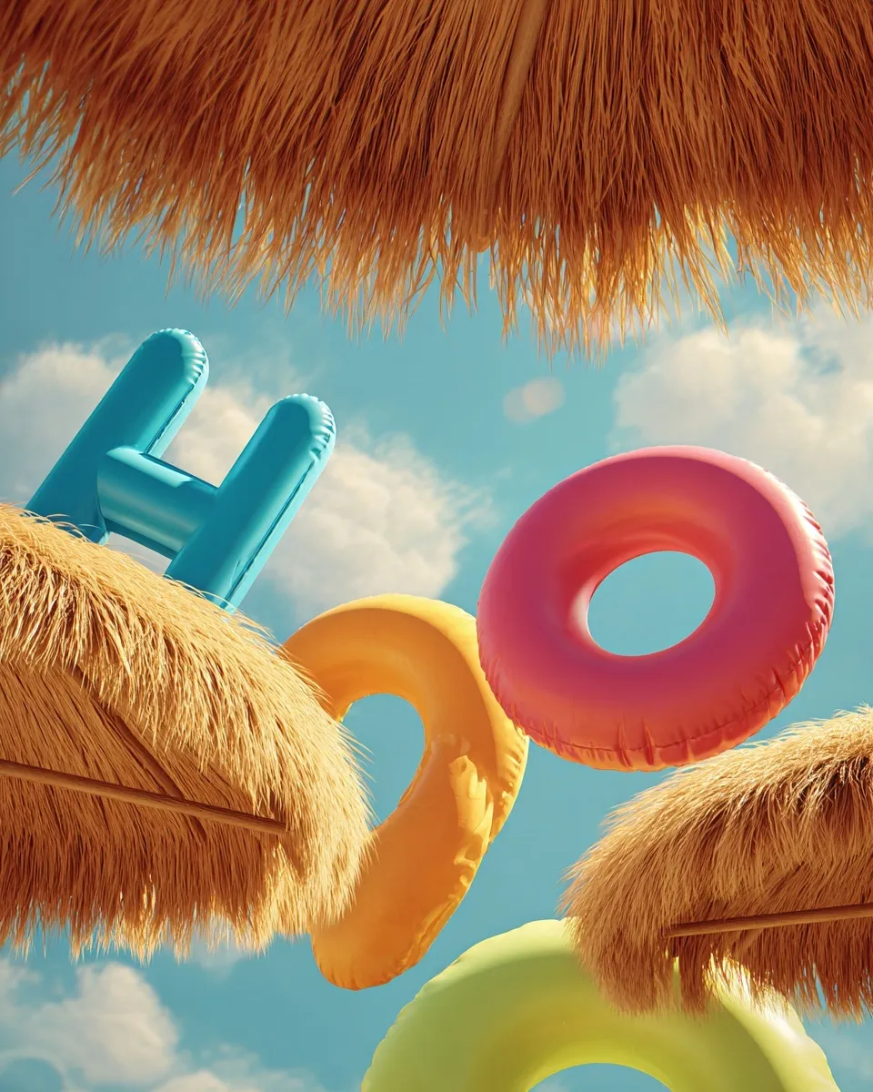 3D inflatable text WE POPPIN floating under Tulum-style straw umbrellas against a bright blue summer sky.