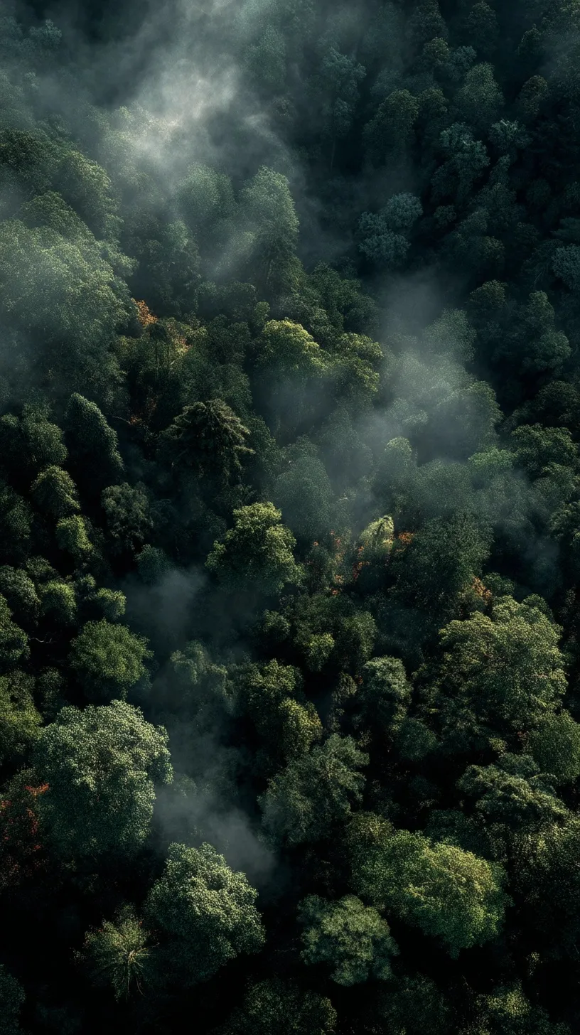Drone view of a dark moody green forest with thick mist, cinematic shadows, and mysterious glowing light.