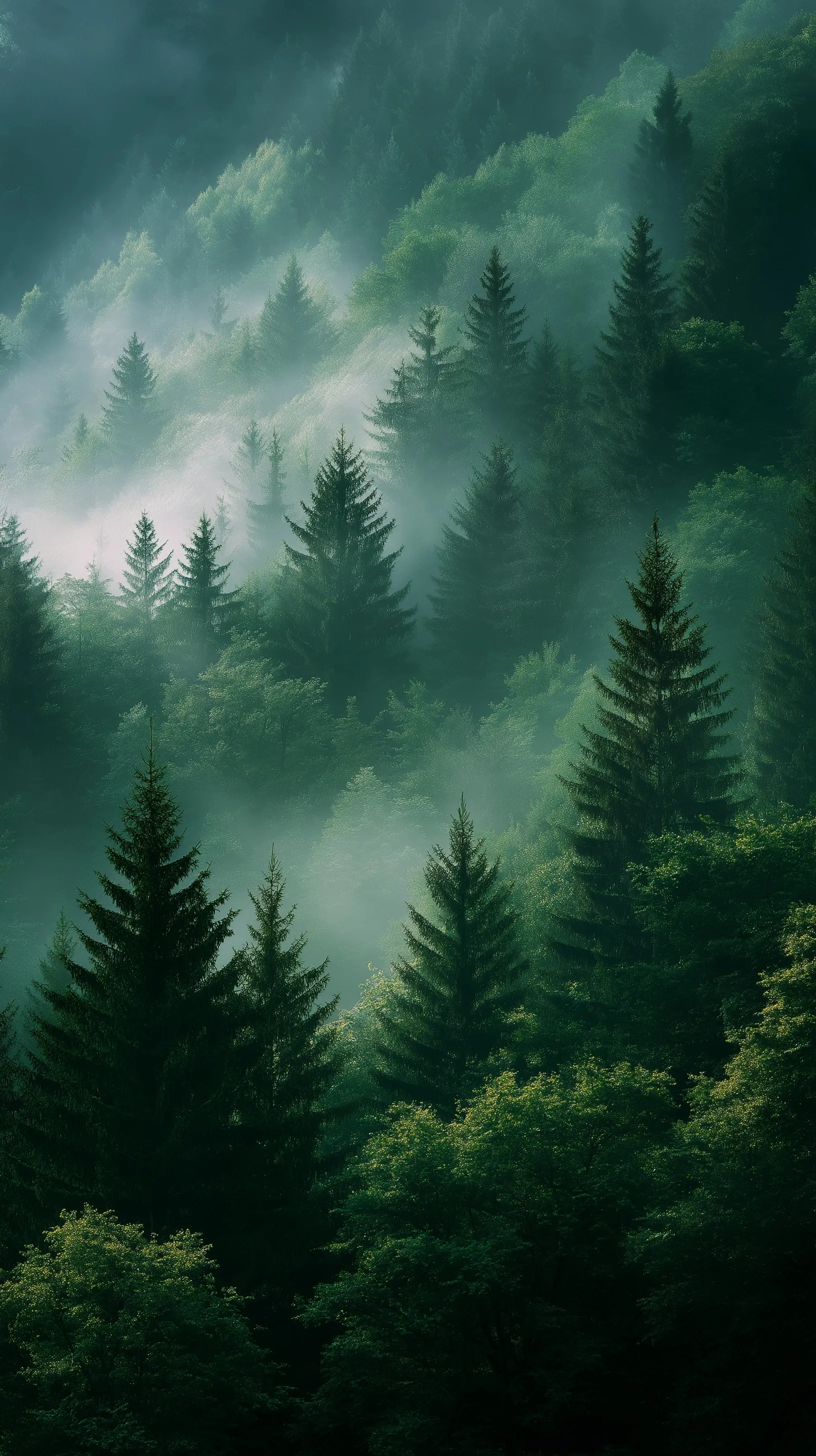 Dense Carpathian forest in early morning mist with dark moody green tones and soft cinematic lighting.