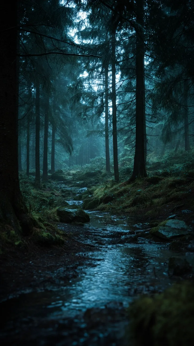 A dark, cinematic green forest with atmospheric mist in the rain, captured in 4K resolution.