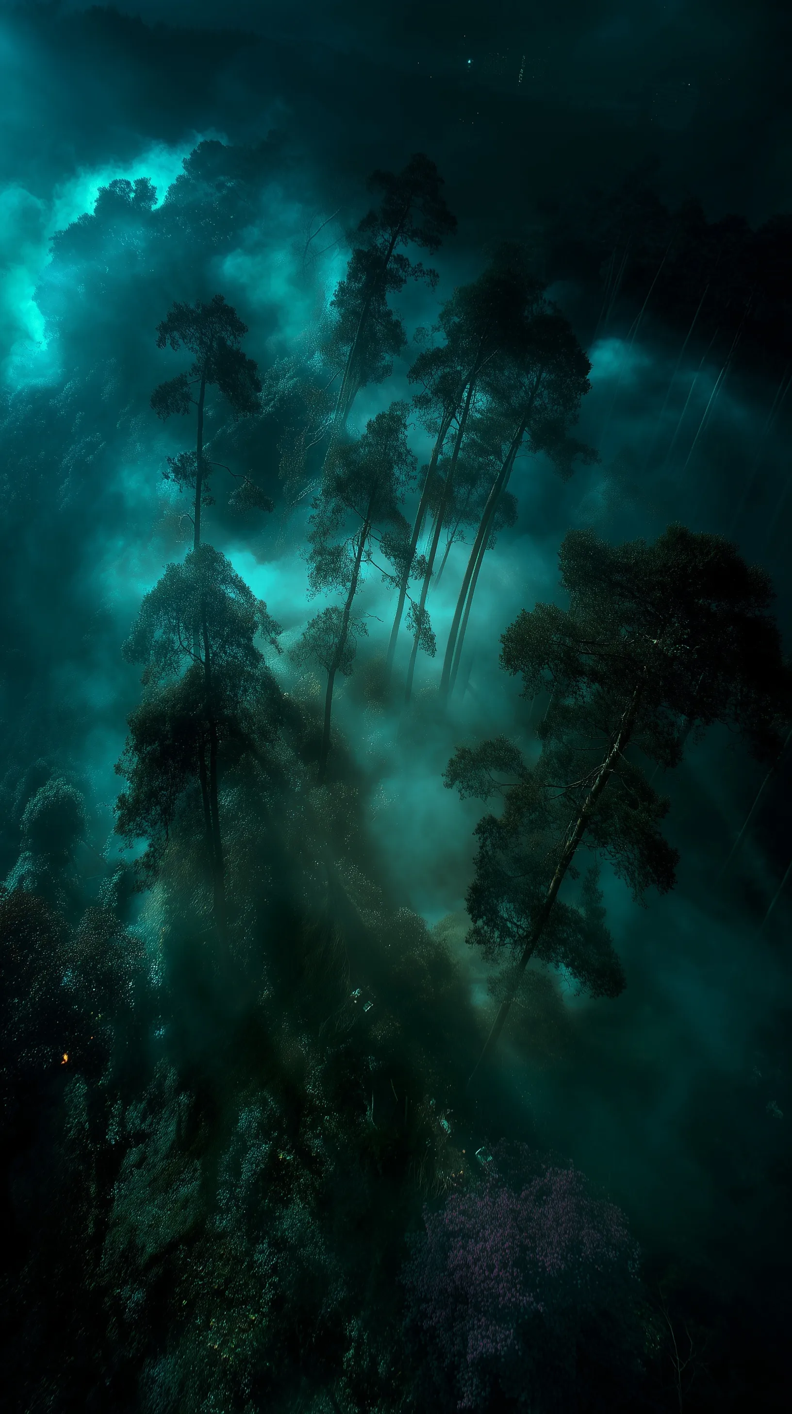 Aerial view of a dark, misty forest at night with cinematic blue-green lighting and ancient trees.