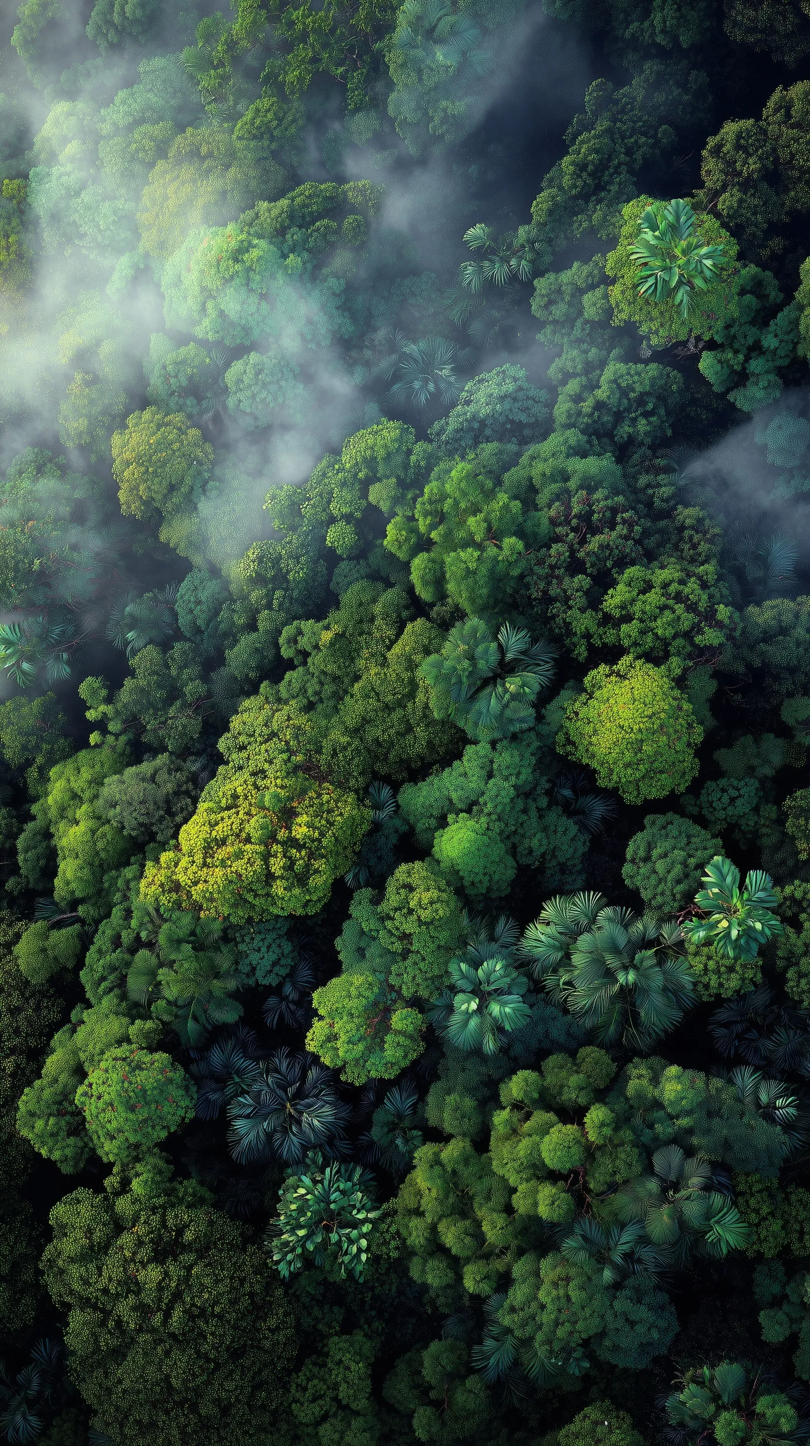 Aerial view of a dense, moody tropical rainforest with vibrant green foliage and drifting mist.