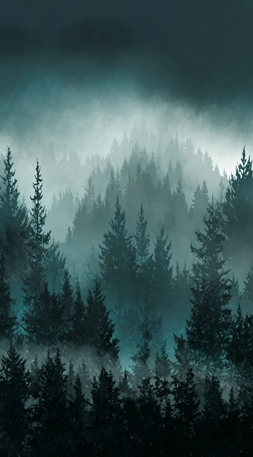 Dark moody forest with misty aquamarine trees and smokey atmosphere in 4K resolution.