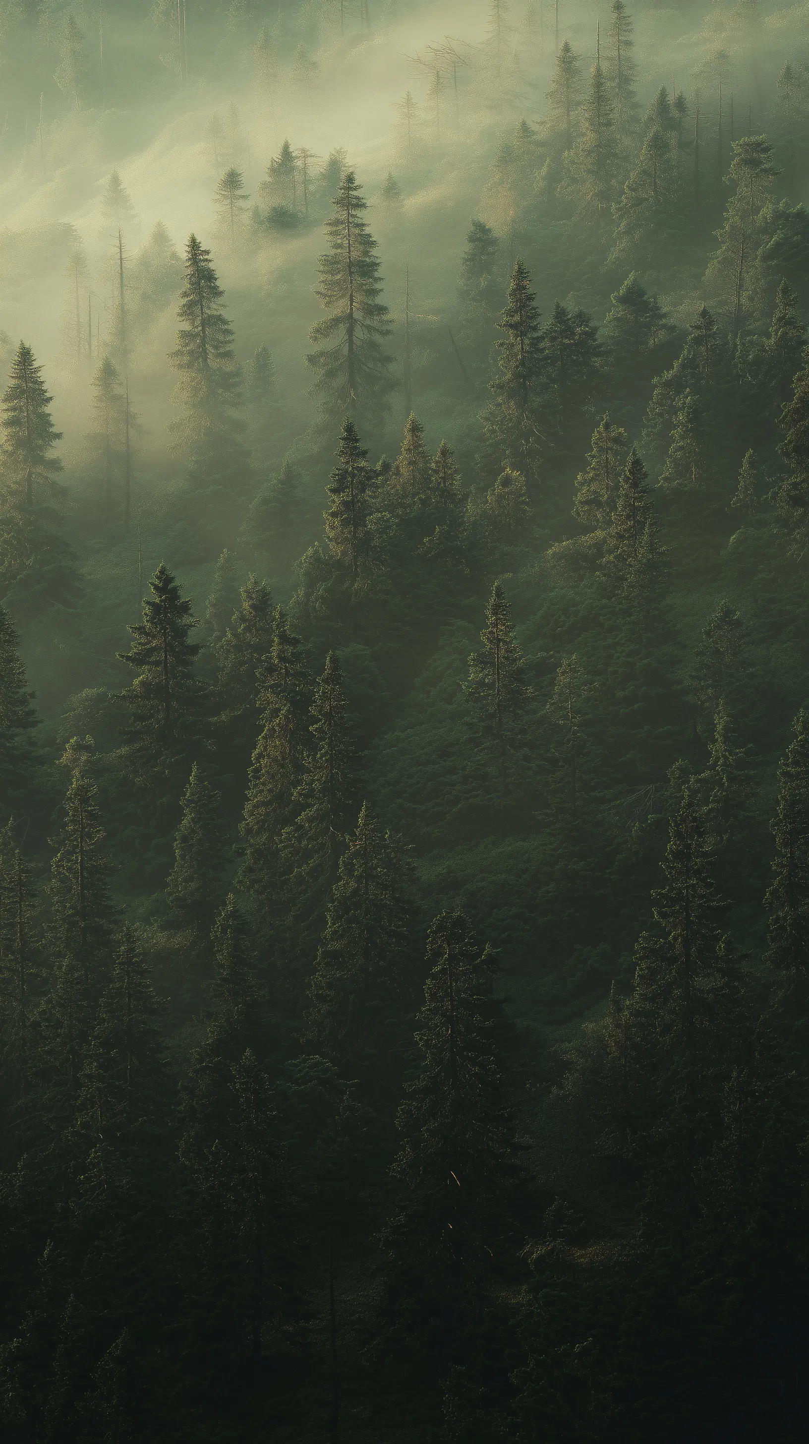 Misty prehistoric coniferous forest at dawn with dark moody green atmosphere and ethereal fog.