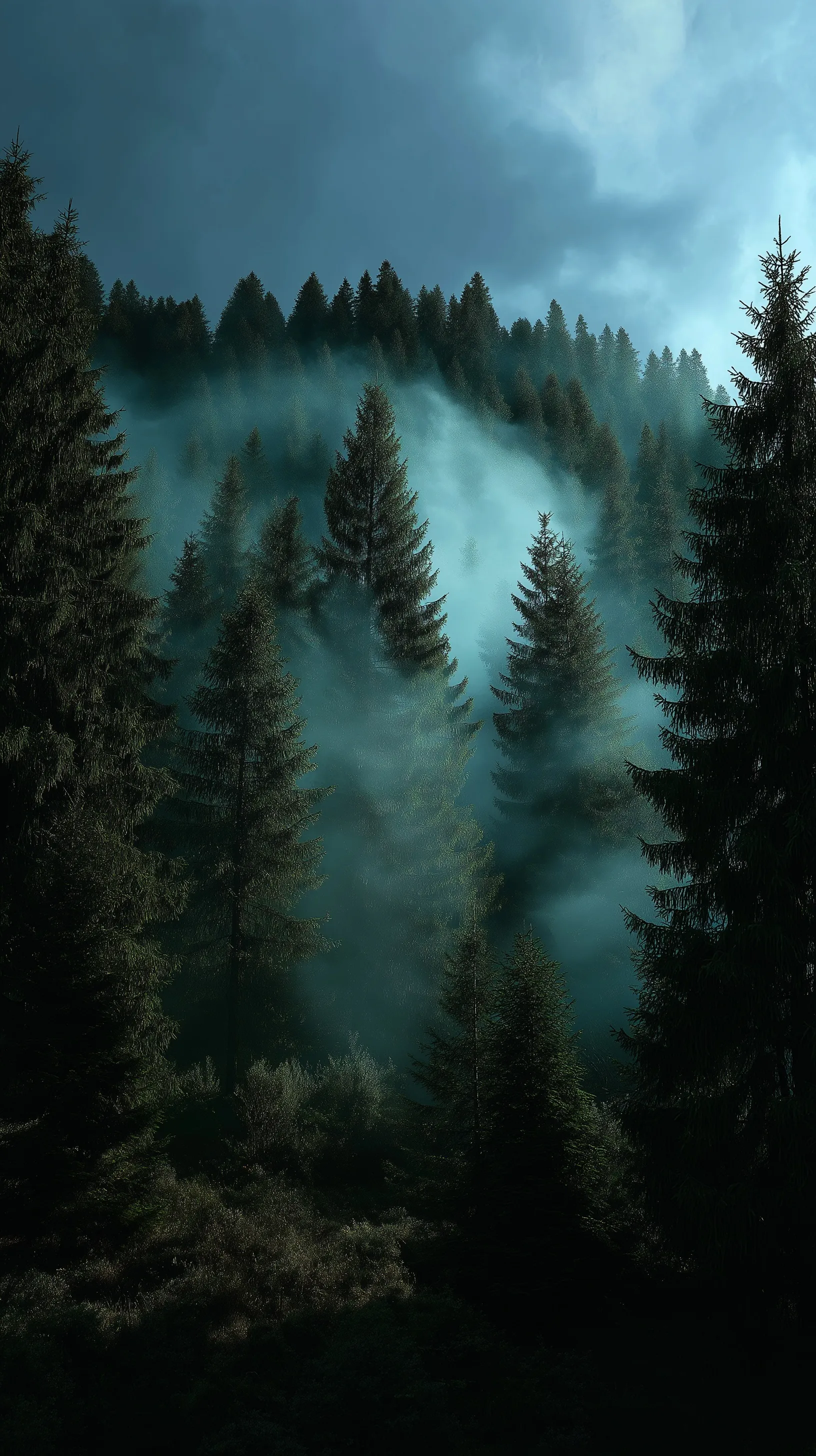 Dense misty forest with tall pine trees and moody green fog, cinematic nature wallpaper for iPhone.