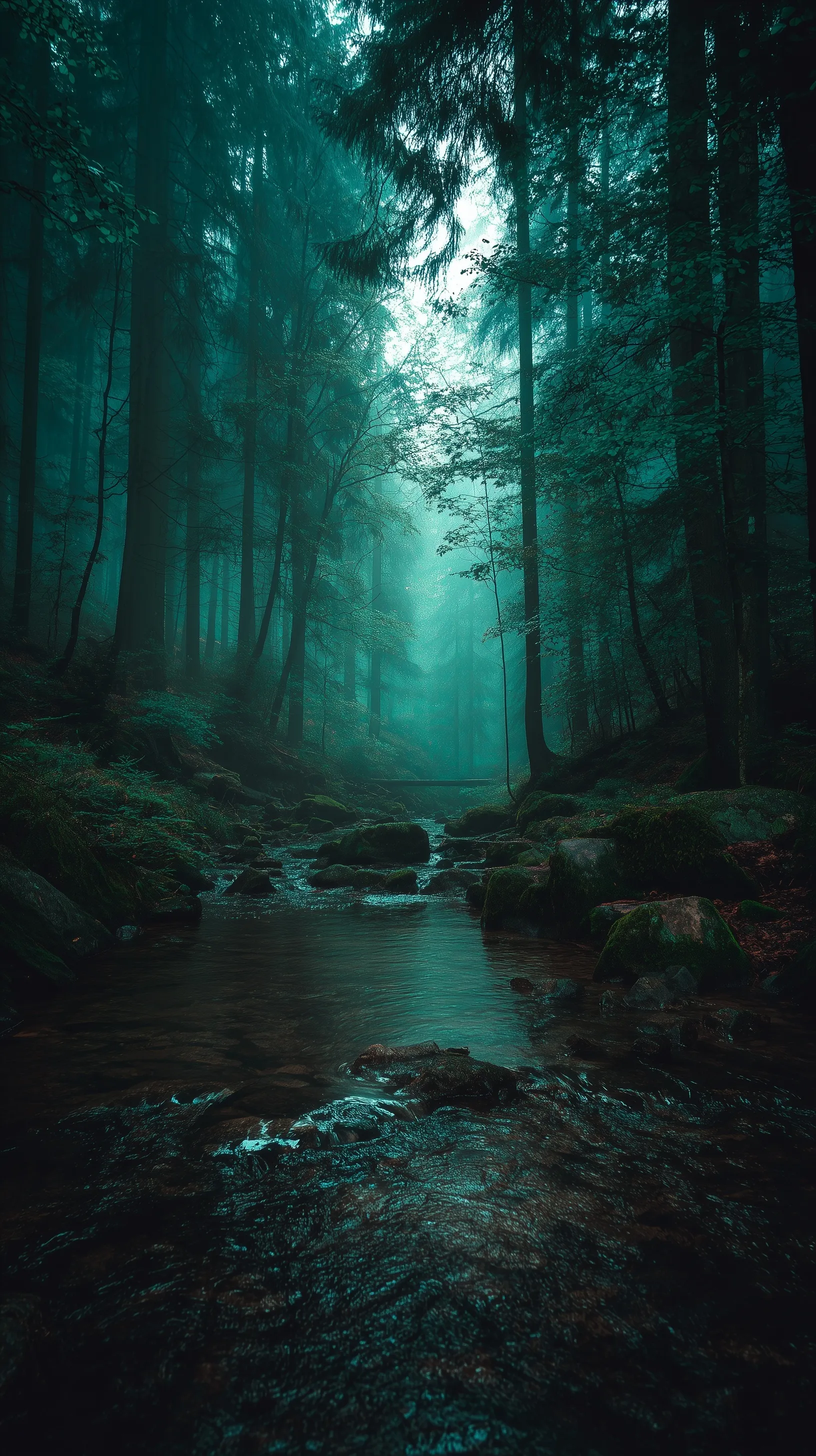 Moody dark green forest at night with thick mist in a serene fjord landscape, perfect for high-quality backgrounds.