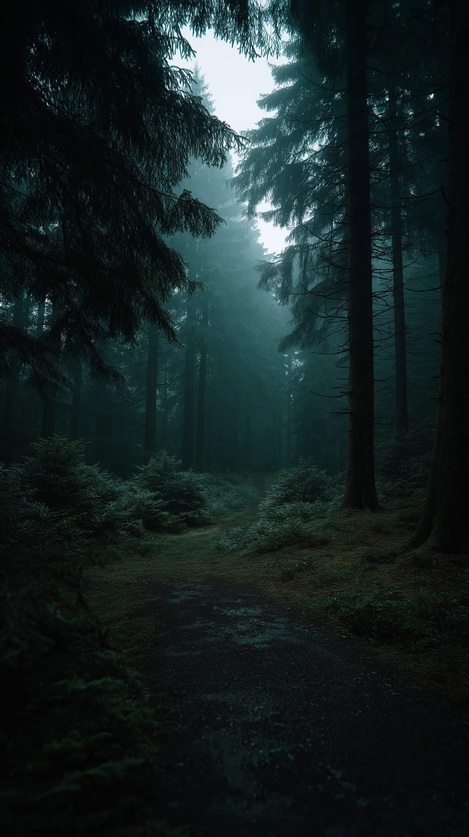 Cinematic wide shot of a dark, moody forest with glowing mist and an empty path for an atmospheric nature background.