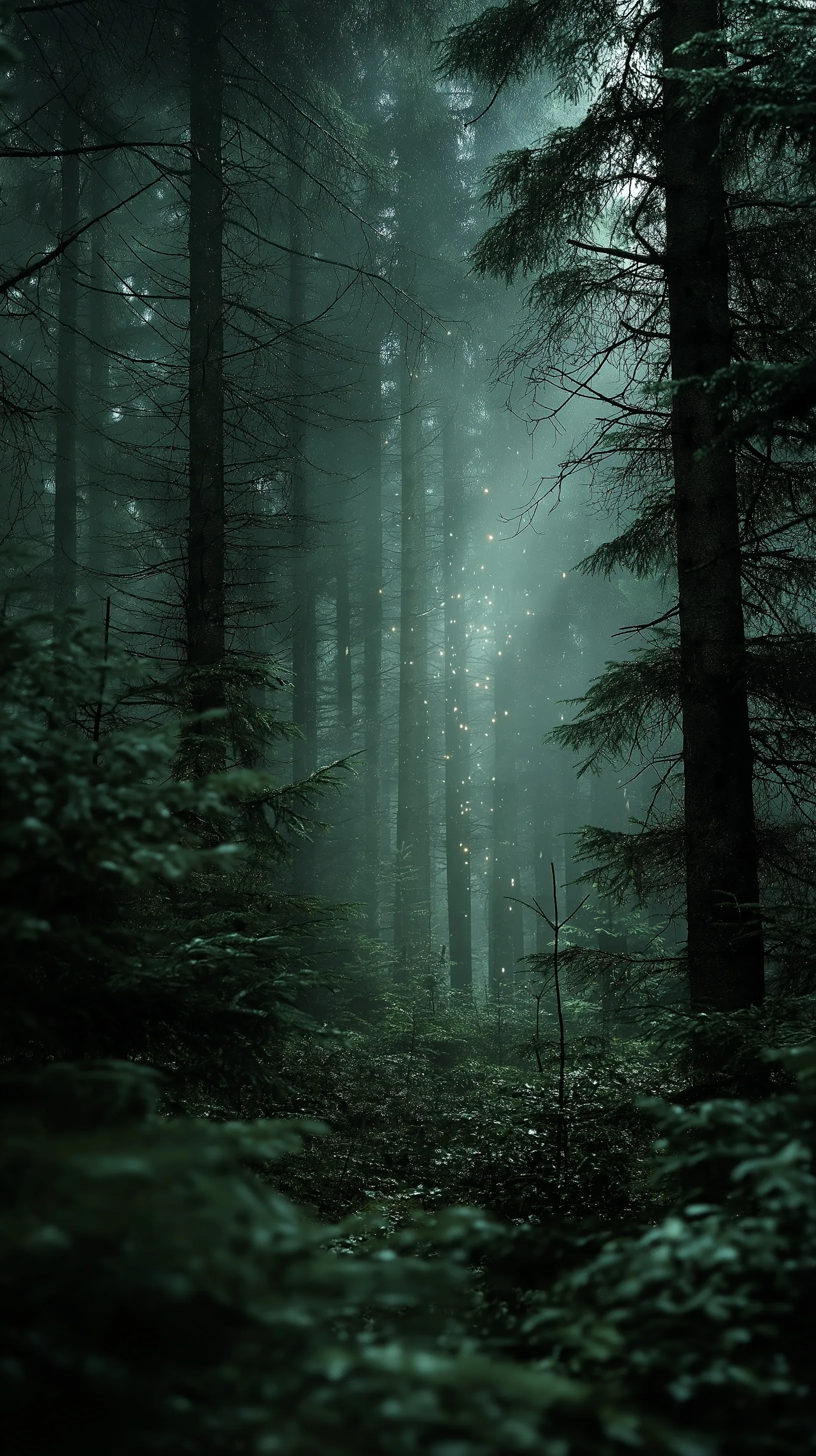 Mystical dark green forest with swirling runes and glowing light in misty morning fog.