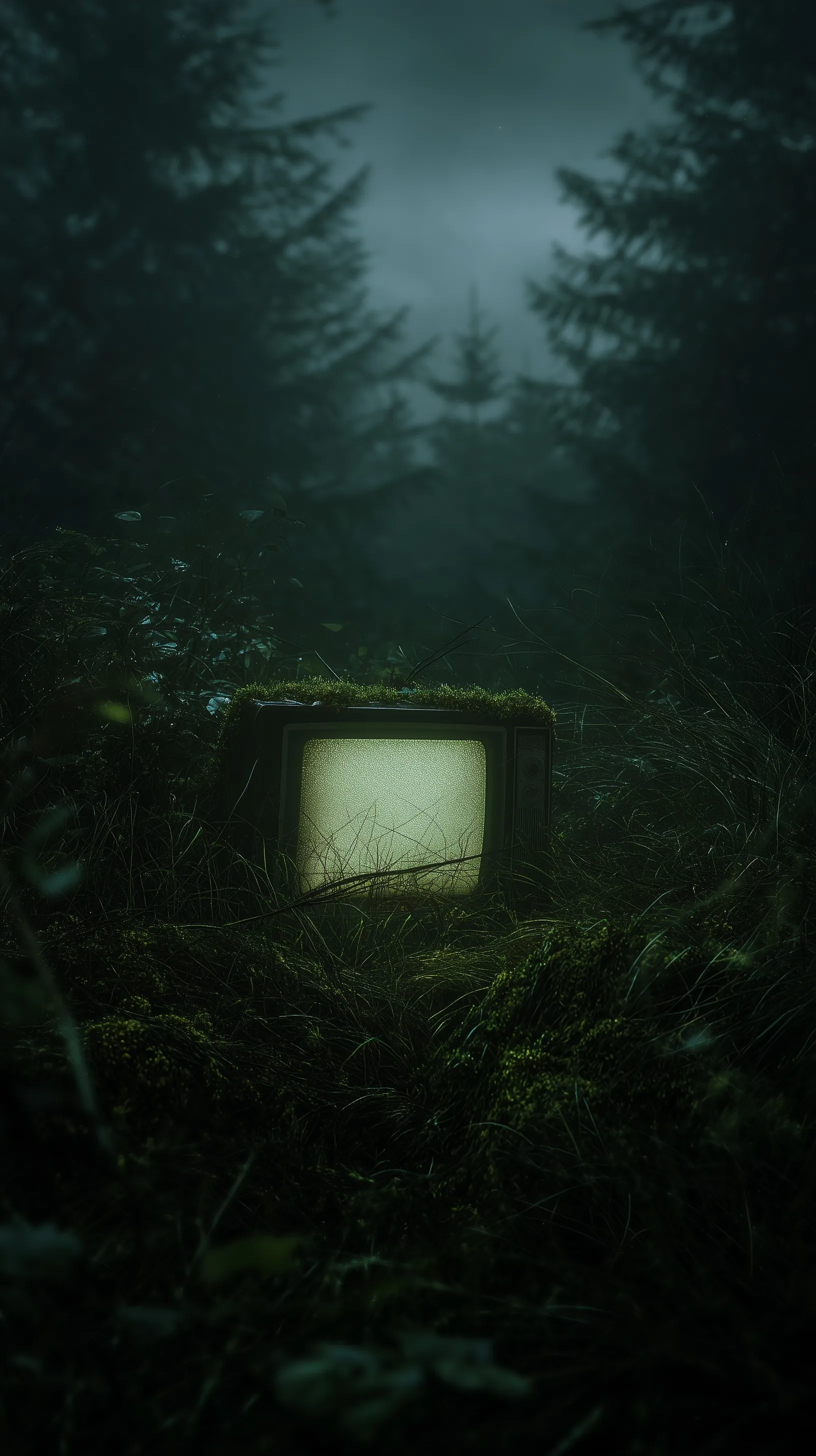 An old mossy television set glowing in a dark, misty green forest at dusk, cinematic moody nature photography.