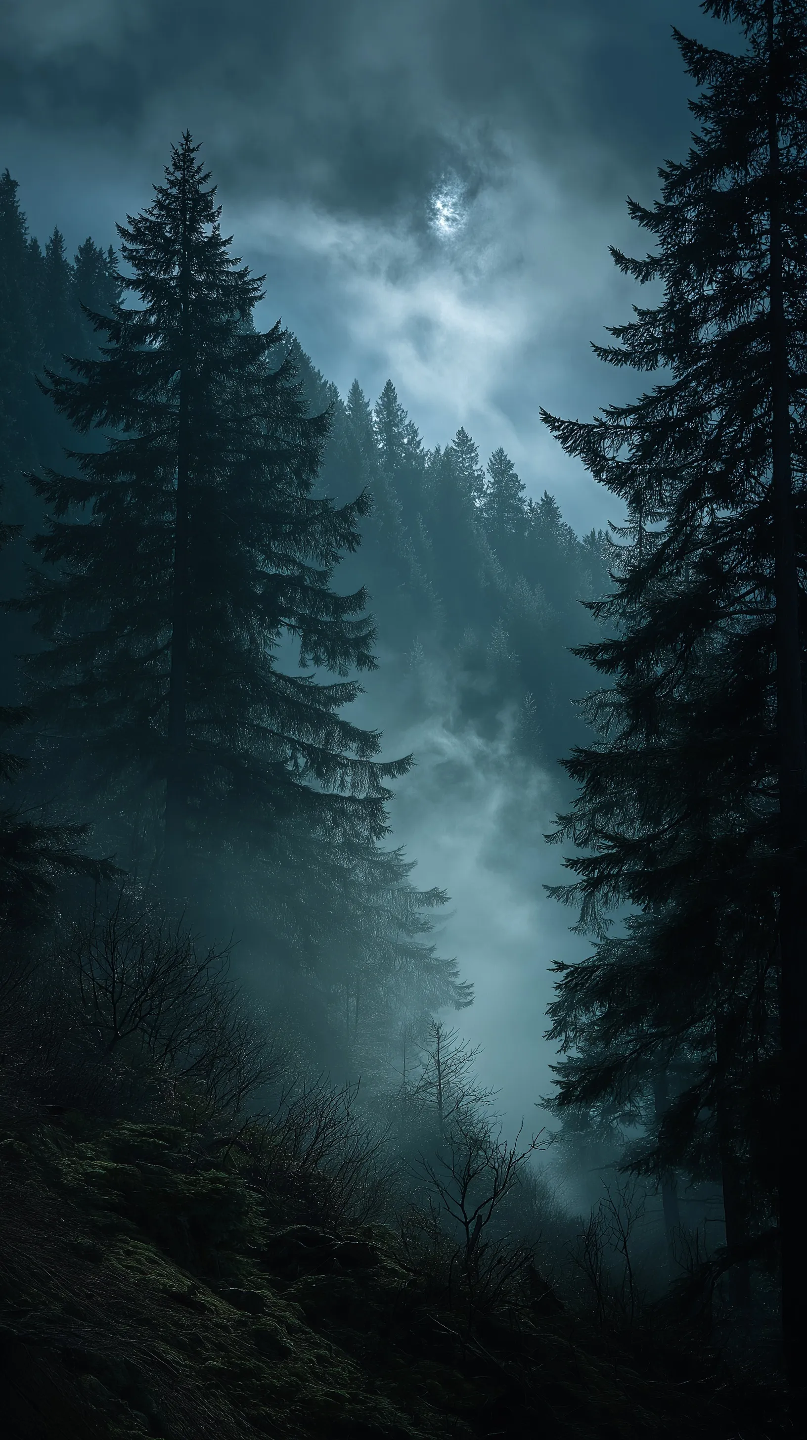 Cinematic midnight forest with volumetric mist and moonlight in a moody Pacific Northwest aesthetic.