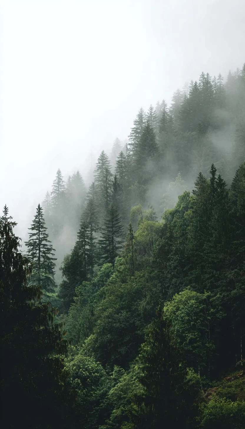 Minimalist dark moody green forest with thick fog and grey sky in a high-resolution aesthetic photography style.