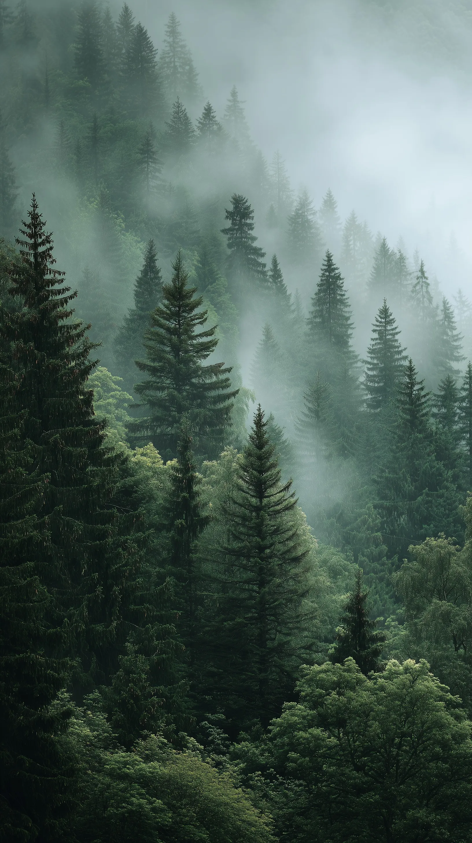Dense pine forest in a cool morning mist with soft diffused light and a cinematic moody green atmosphere.
