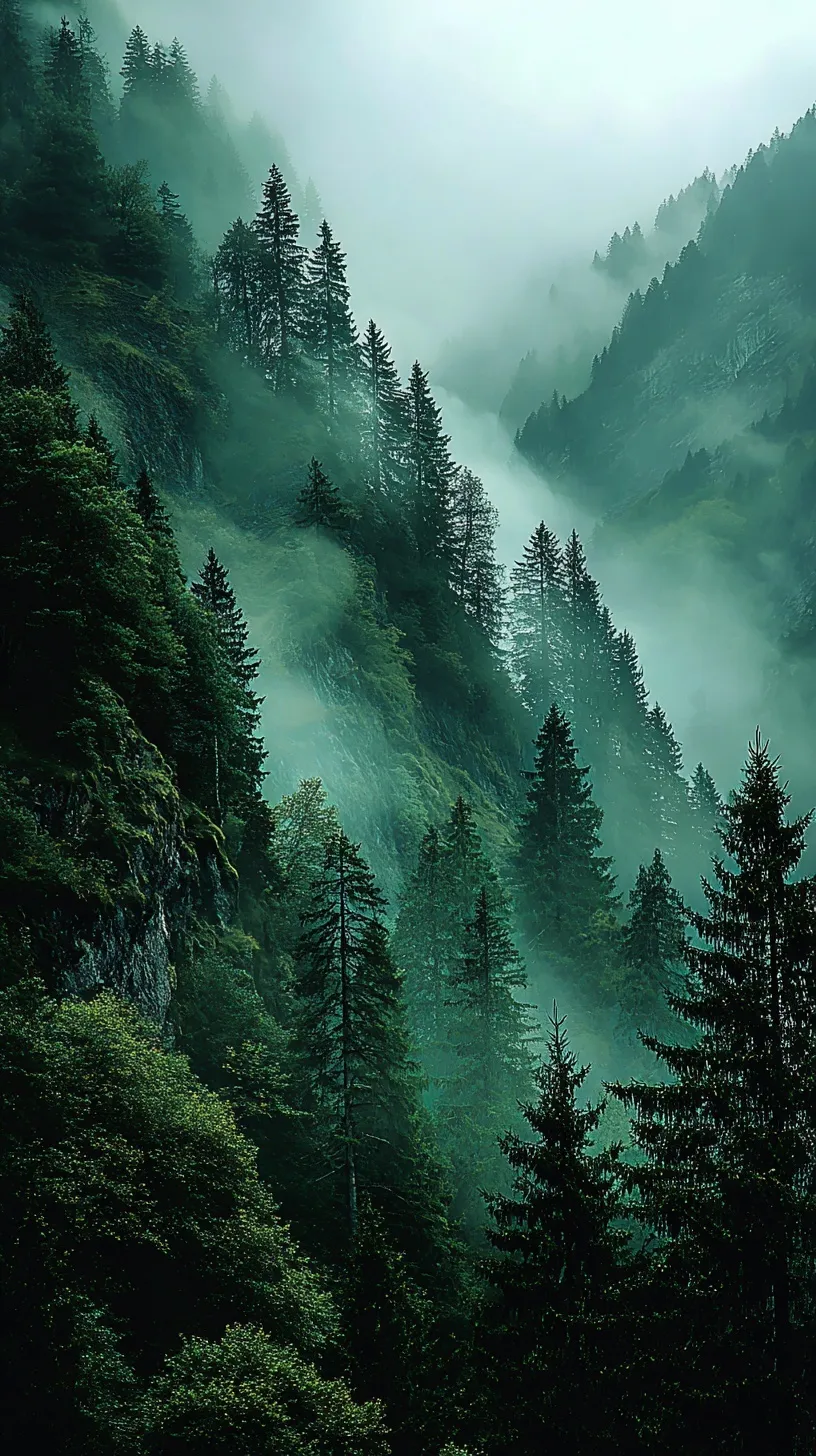 Moody mist-covered forest in deep green tones with heavy film grain and soft atmospheric haze.