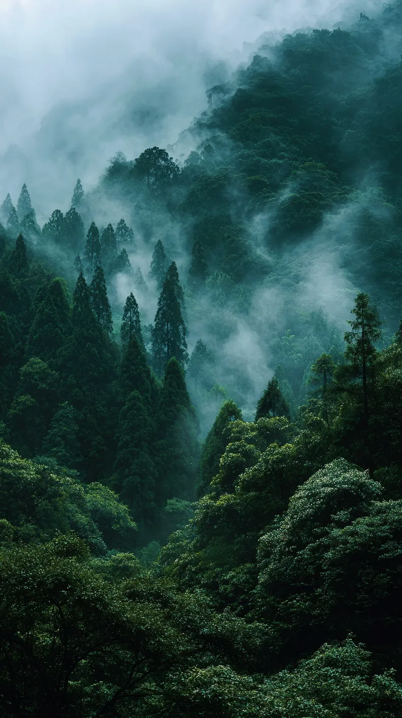 Dark moody forest with dense green mist and cinematic lighting, perfect for a high-quality 4K phone wallpaper.