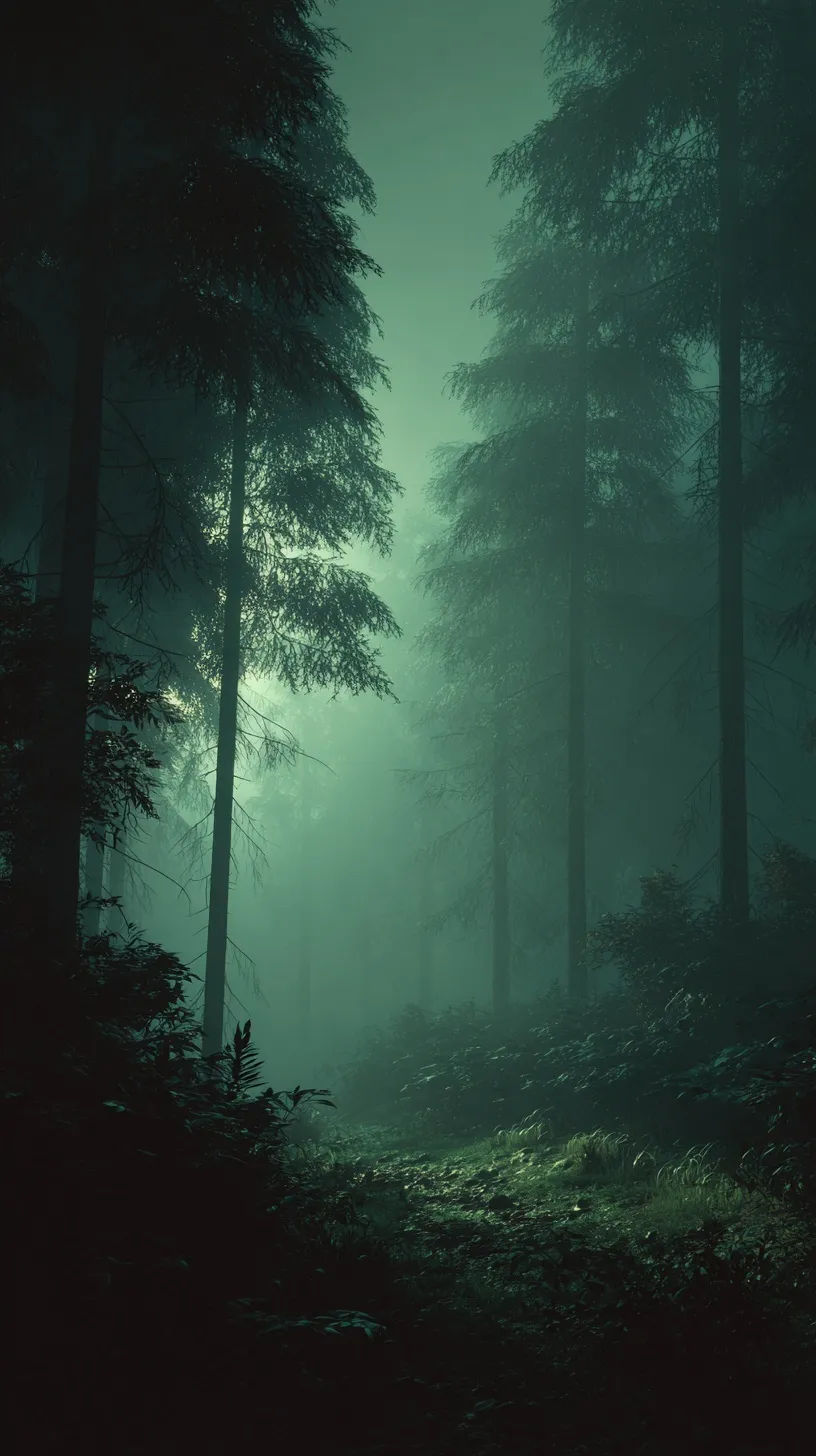 Minimalist dark moody green forest with cinematic mist and volumetric lighting for a spatial 3D wallpaper.