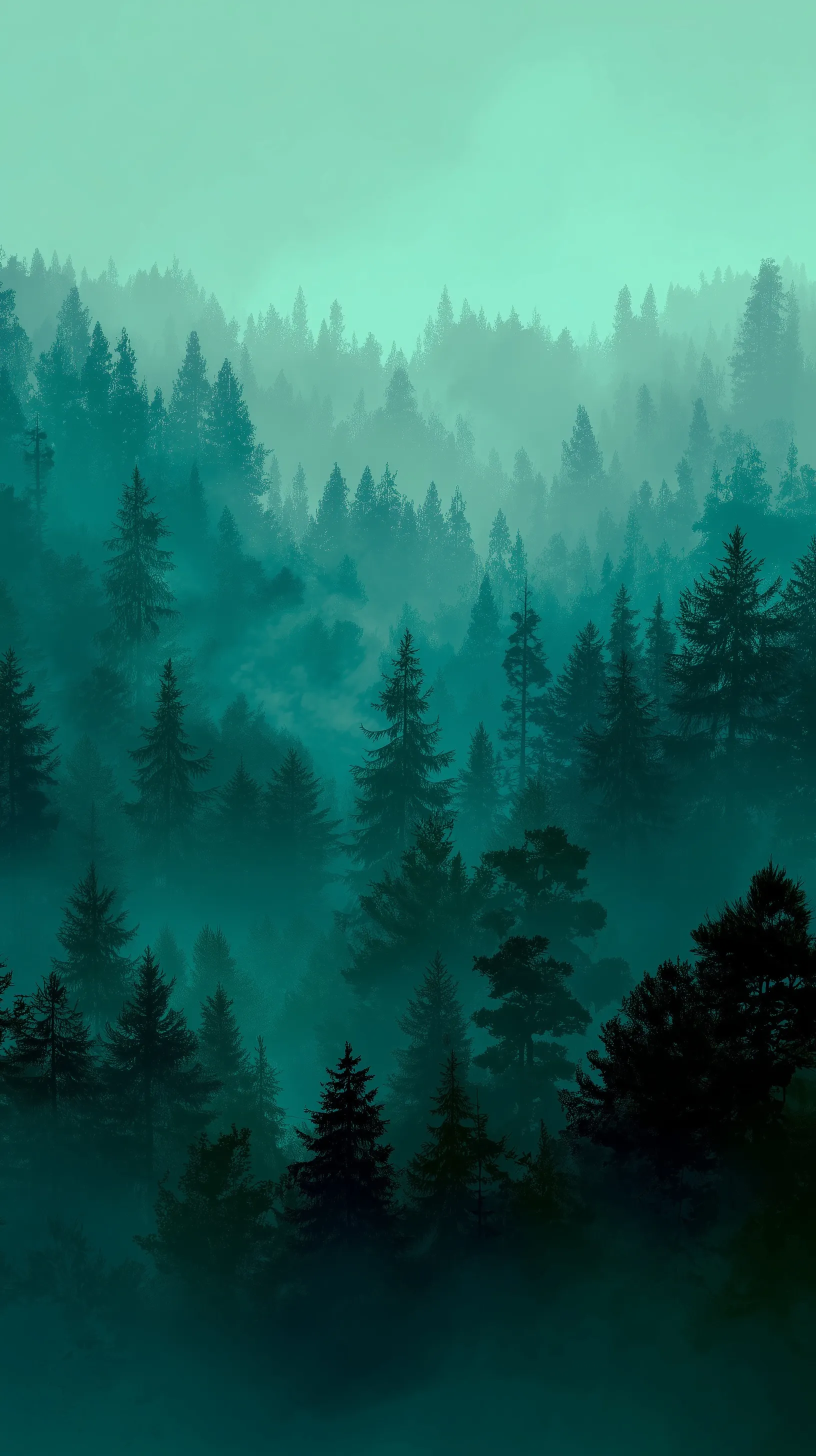 Moody dark green forest background with volumetric fog and distant misty tree silhouettes in 8K resolution.