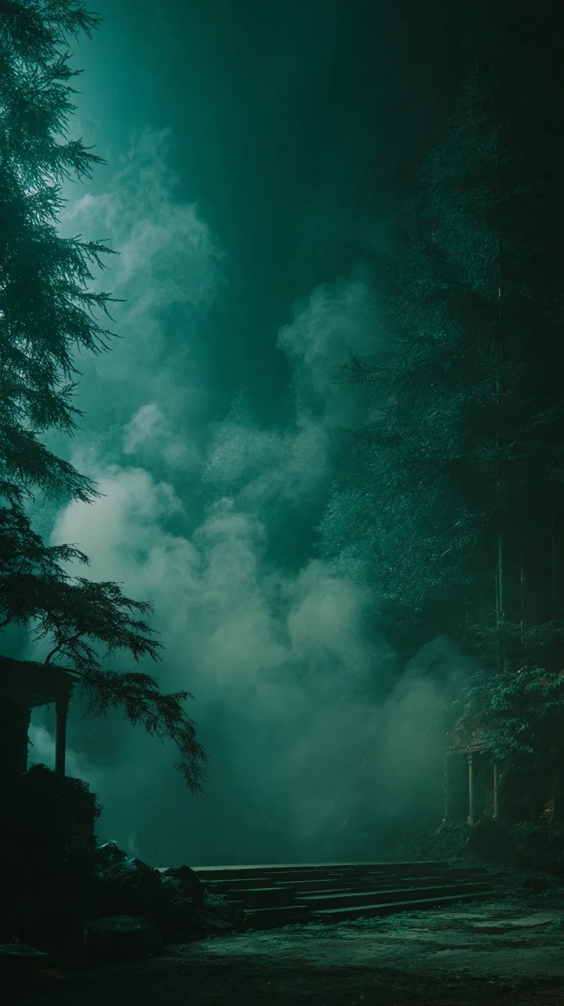 Cinematic dark moody green forest with volumetric mist and dramatic fog in a deep atmospheric night scene.