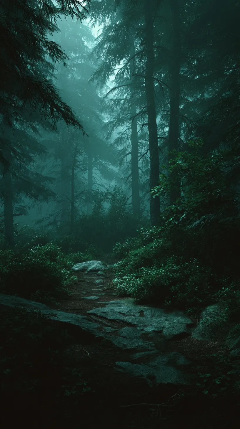 A moody dark forest path with volumetric mist and deep green cinematic tones, perfect for a vertical phone wallpaper.