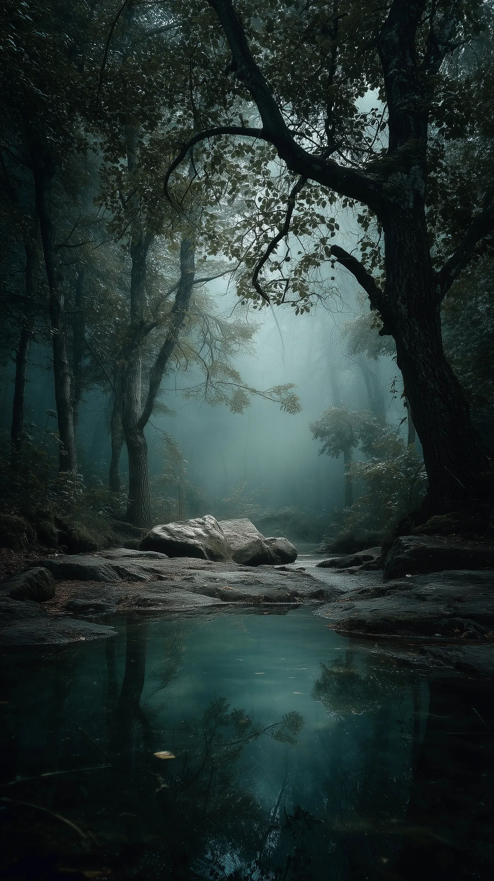 A dark, moody green forest with ethereal mist, perfect for a gloomy and atmospheric nature-inspired background.