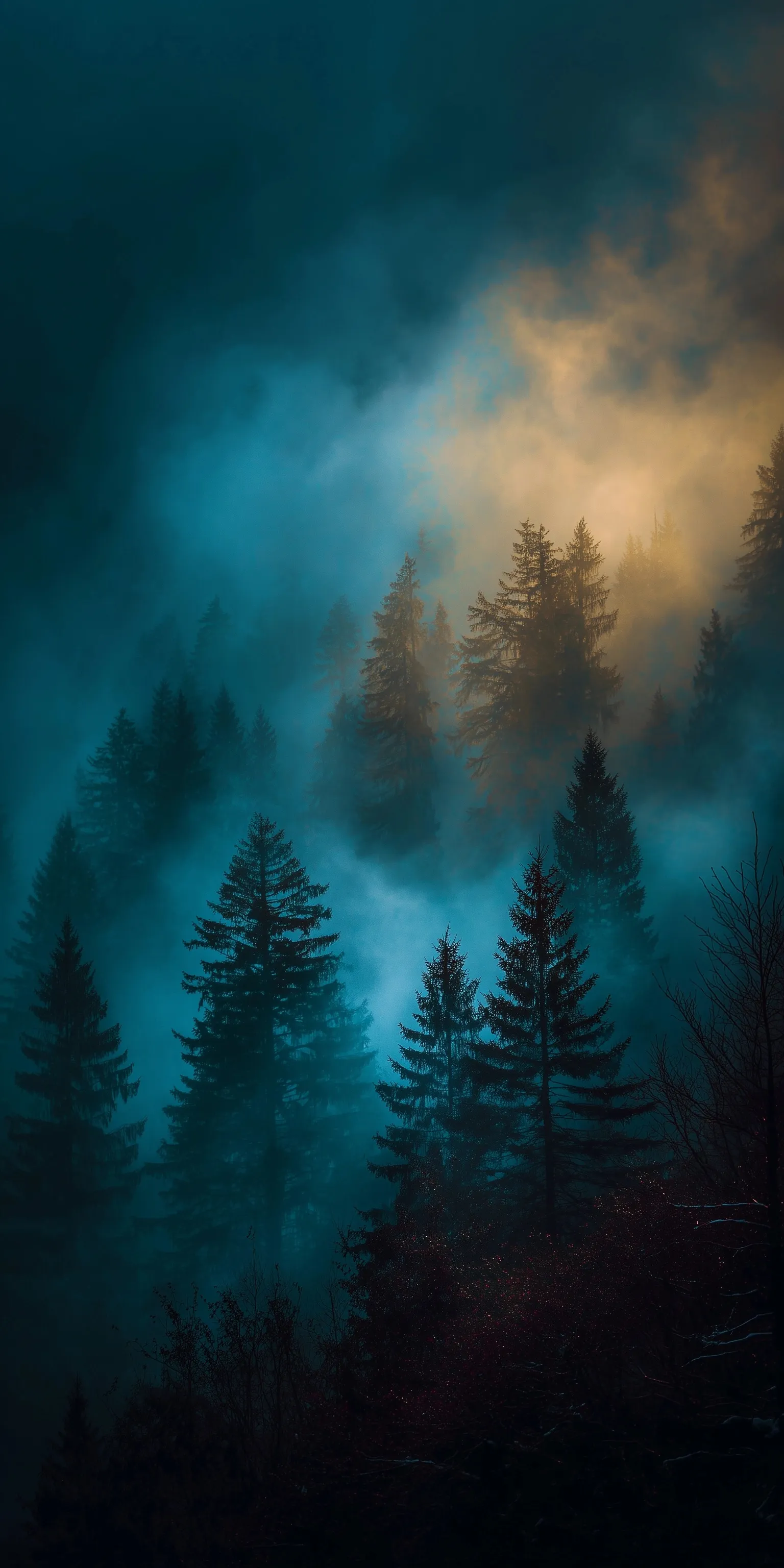 Dark moody Laurentian forest with deep gold mist and towering trees in a mysterious, ethereal 4K wallpaper.