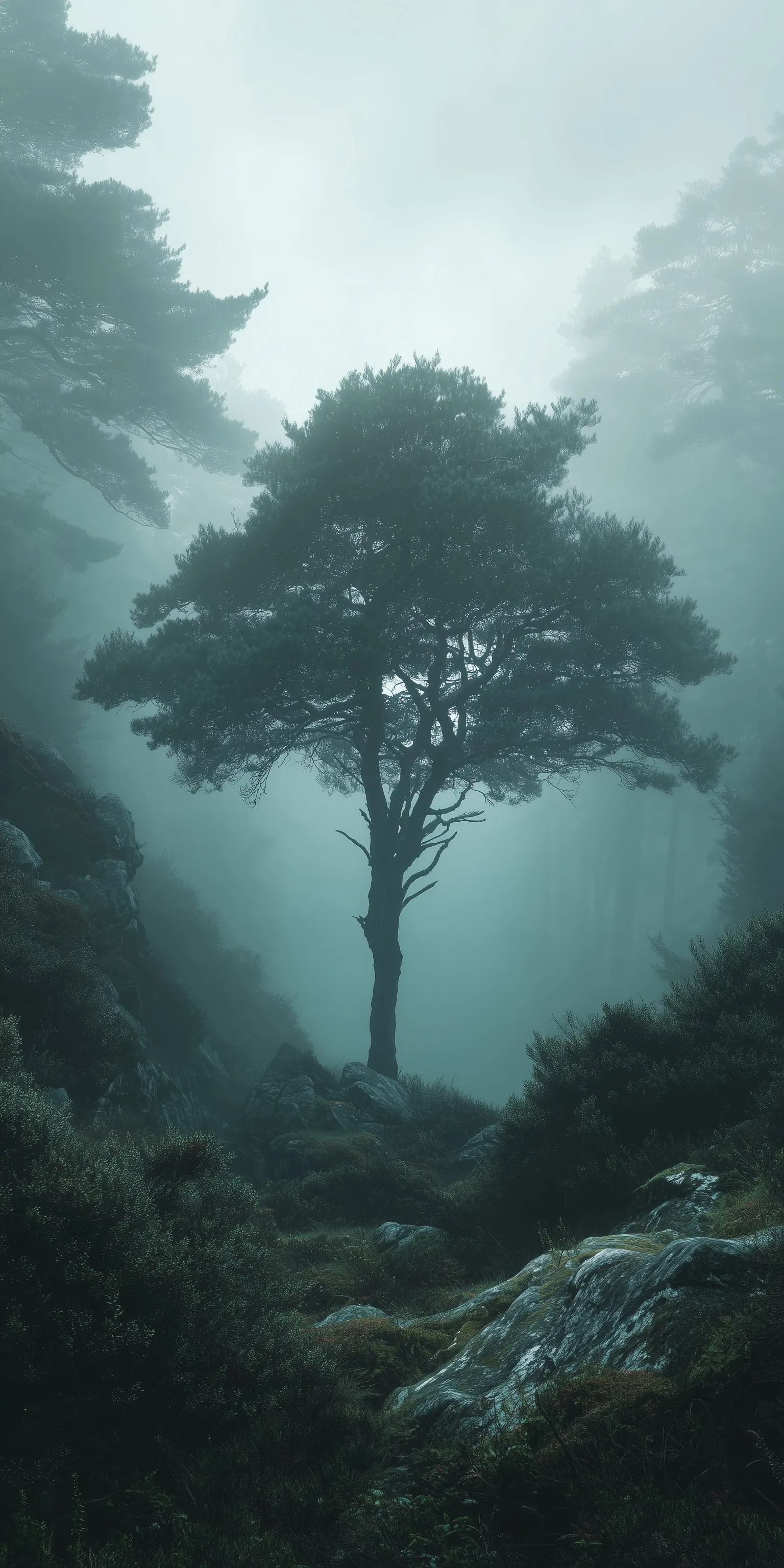 A cinematic misty green forest with a centered tree of life, perfect for a dark moody iPhone wallpaper.